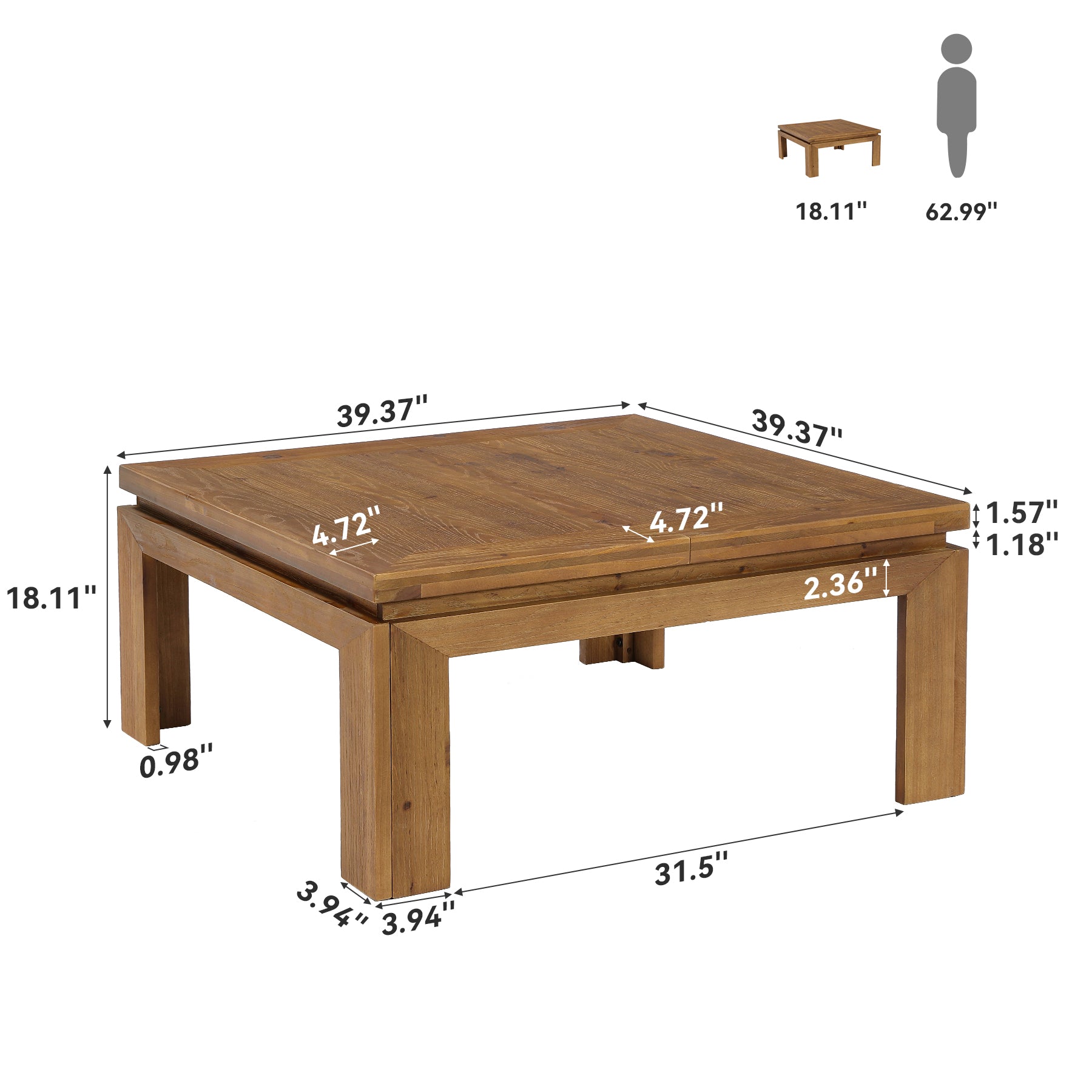 Tribesigns 39.4-Inch Square Coffee Table, Solid Wood Living Room Table