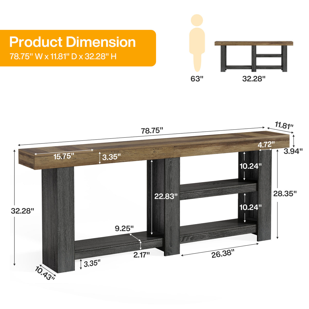 78.75" Console Table, Farmhouse Entryway Sofa Table with Muti-tier Open Shelf