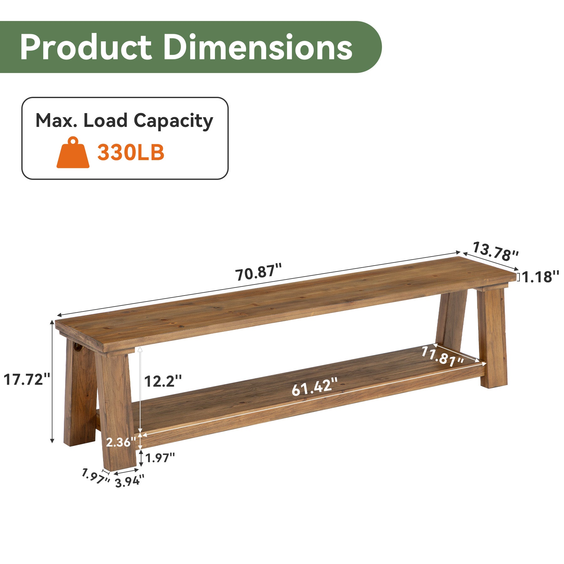 70.87" Solid Wood Dining Bench, Farmhouse Kitchen Bench with 2-tier Shelf for Dining Room