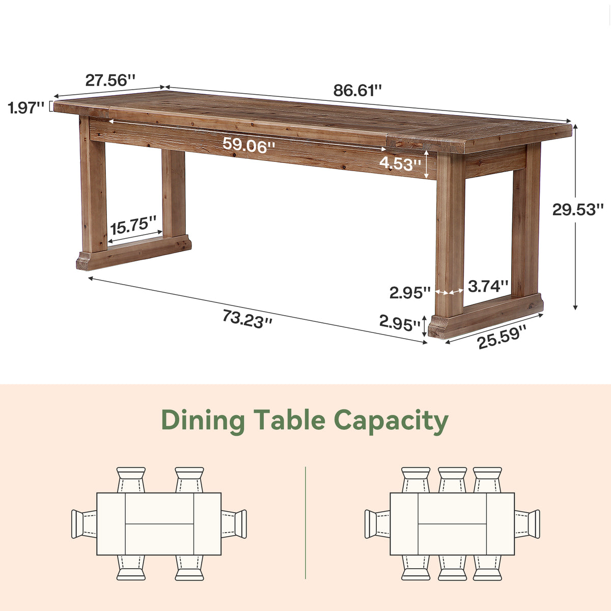 87" Farmhouse Solid Wood Dining Table, Rectangular Kitchen Table with Trestle Base