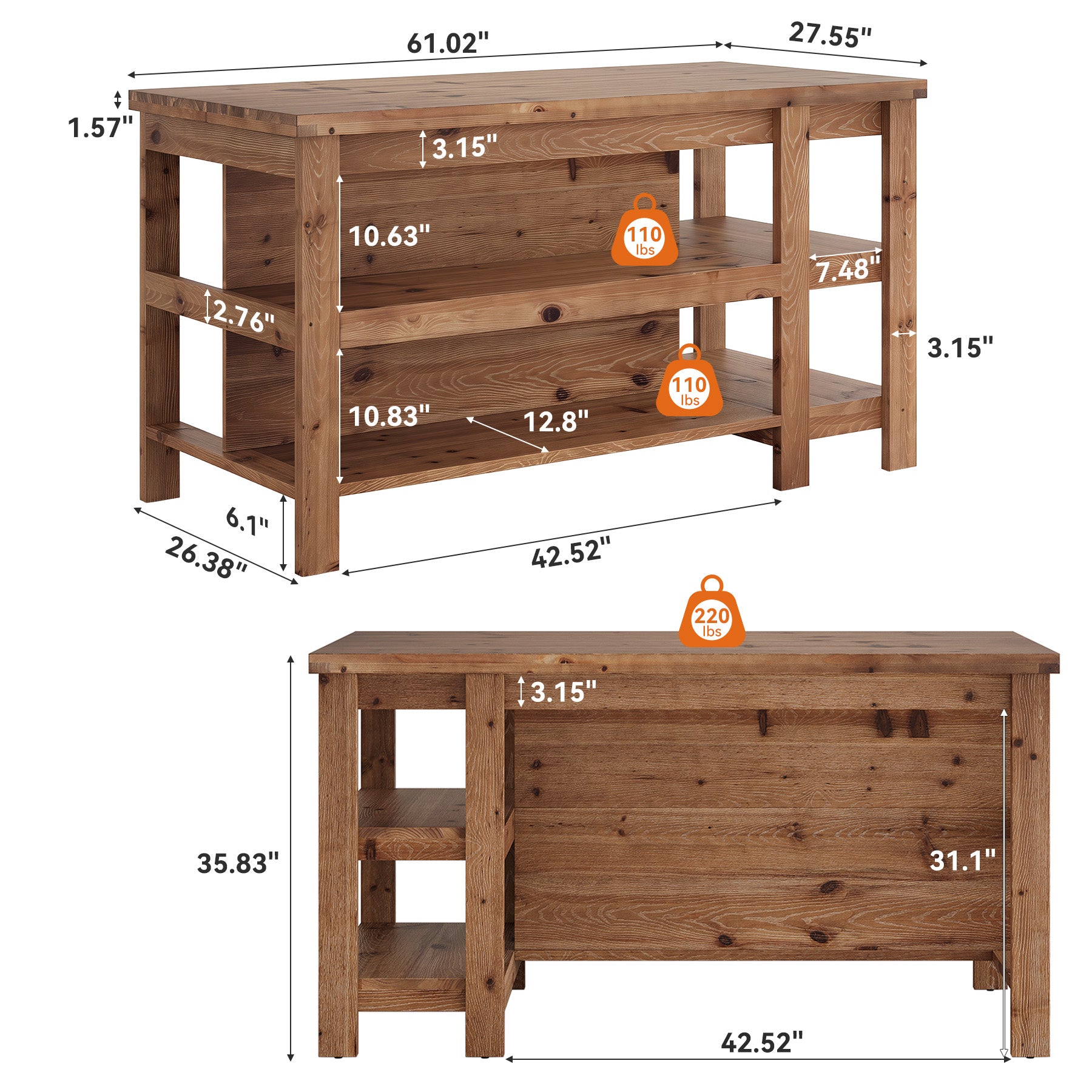 61" Farmhouse Kitchen Island with Storage, 3-Tier Solid Wood, Freestanding Dining Island Table