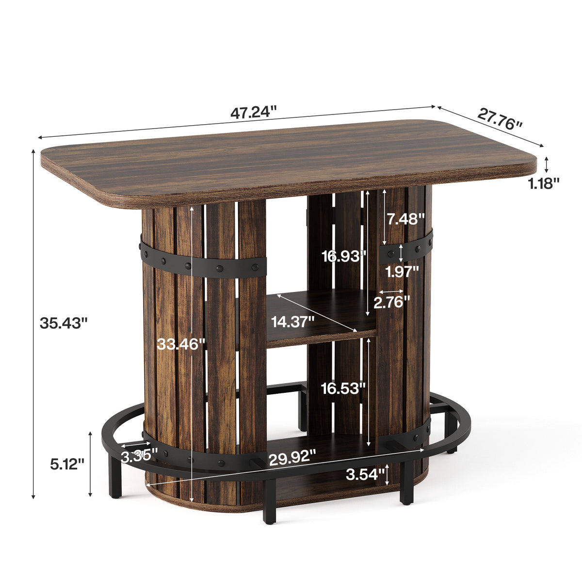 47.24" Bar Table, Farmhouse Counter Height Table with Storage & Metal Footrest