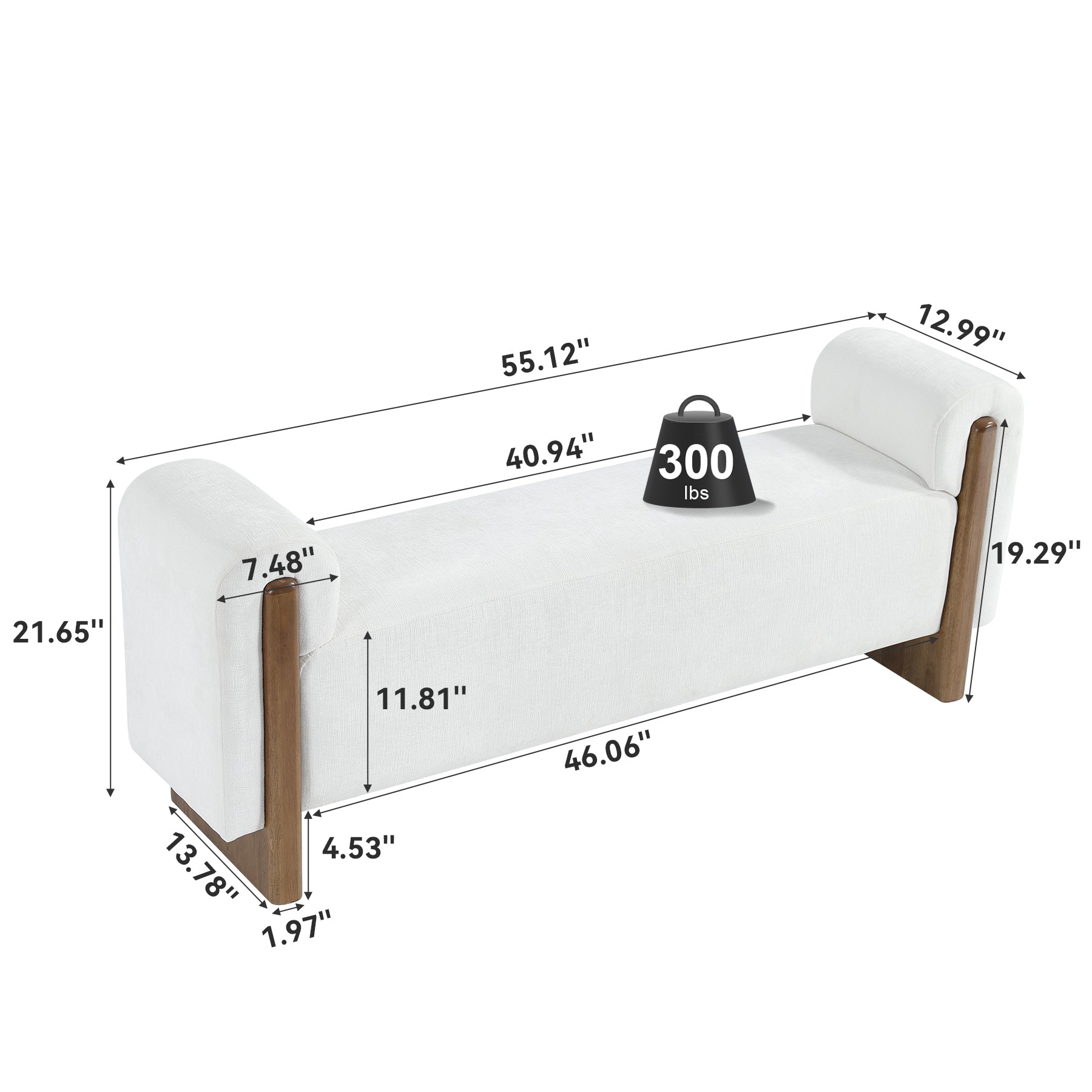 55" Upholstered Entryway Bench with Arms, Modern Cushion Seat, Solid Wood Base, Living Room
