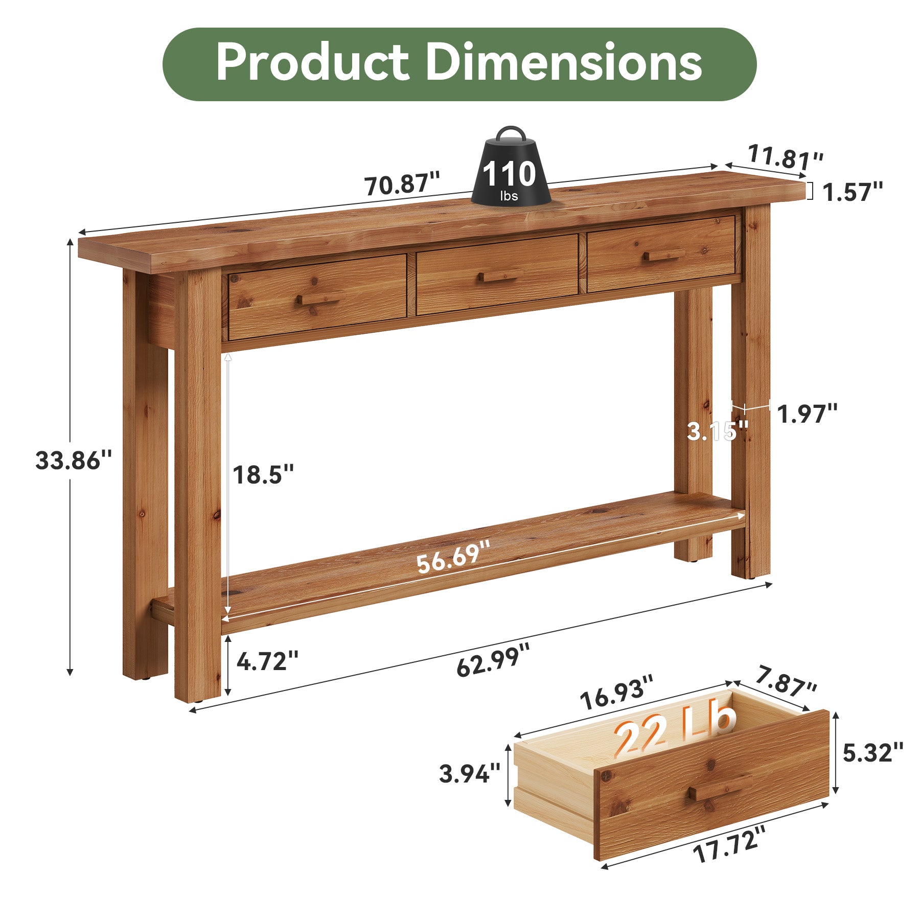 70.9" Solid Wood Console Table, Entryway Table with 3 Drawers For Living Room