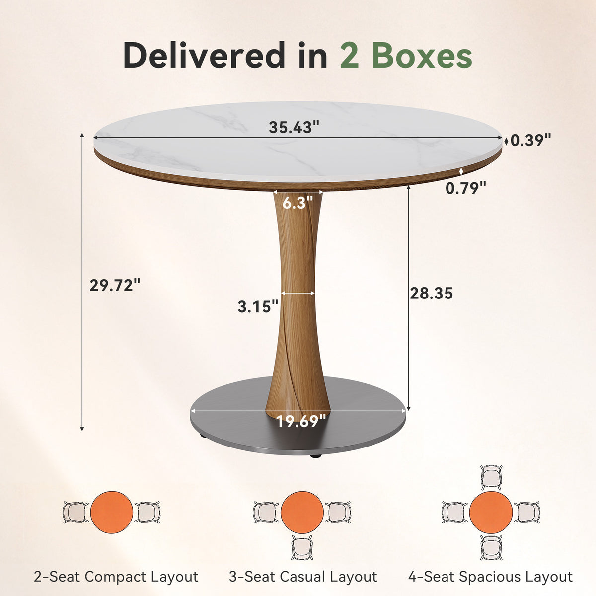 35" Round Dining Table for 2-4, Sintered Stone Top, Rubberwood Pillar & Steel Base