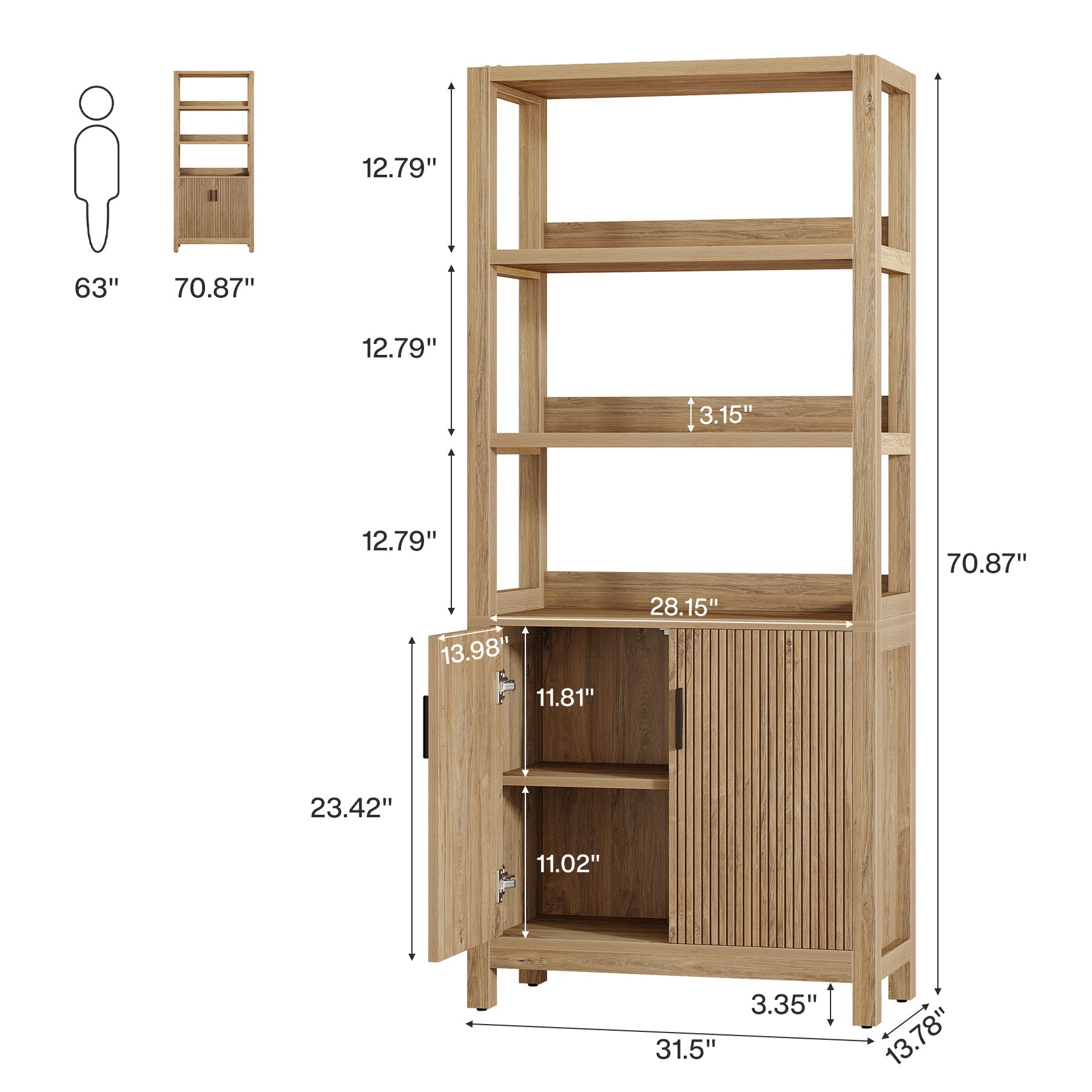 70.9" Bookcase, Wooden Bookshelf with 3-Tier Open Shelf and Door Cabinet