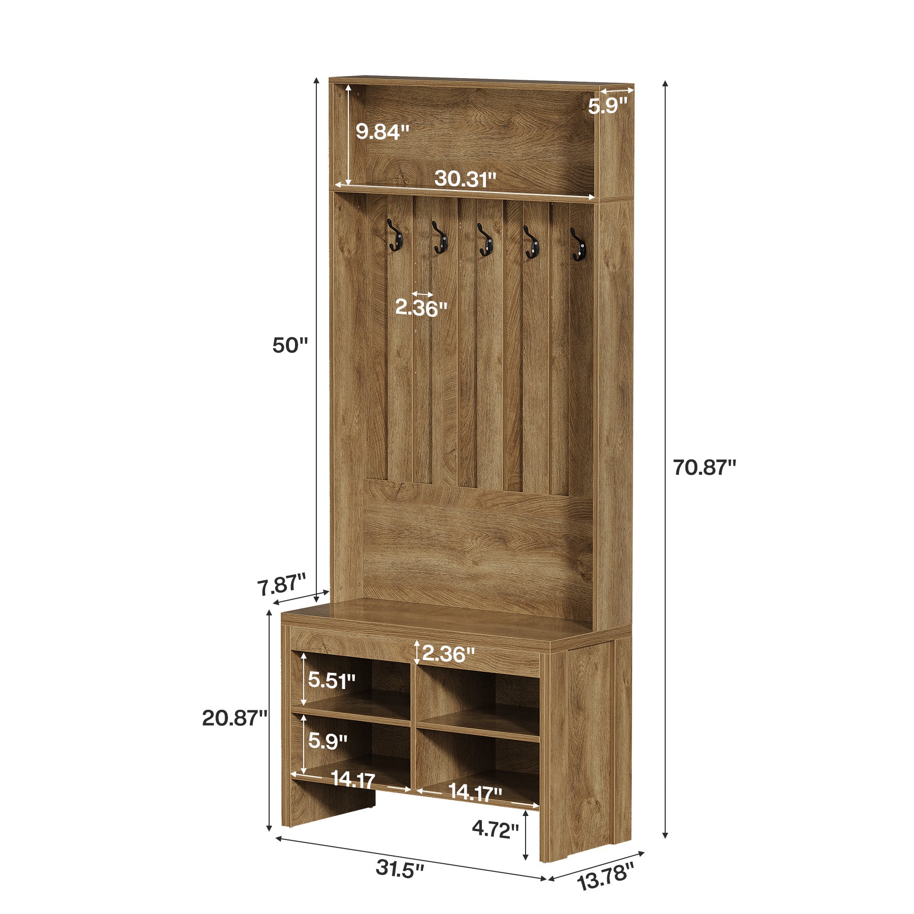 70.8" Tall Hall Tree, Entryway Organizer with Bench & 5 Hooks