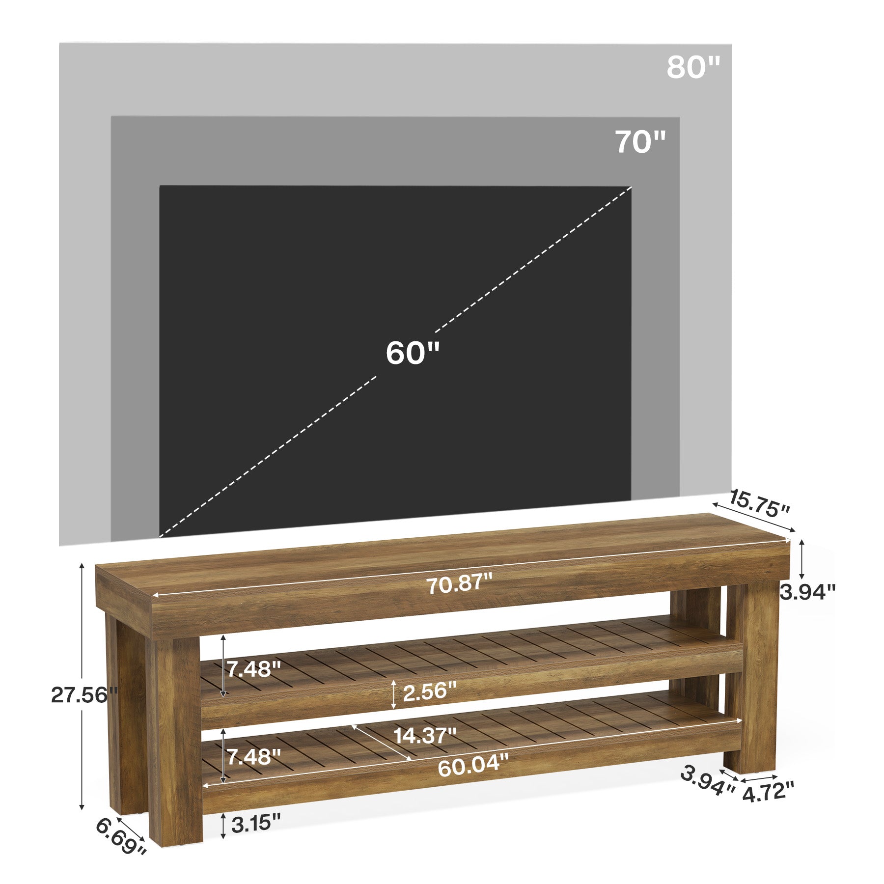 71" TV Stand for 85" TVs, Farmhouse Entertainment Center, 2-Tier Slatted Shelves