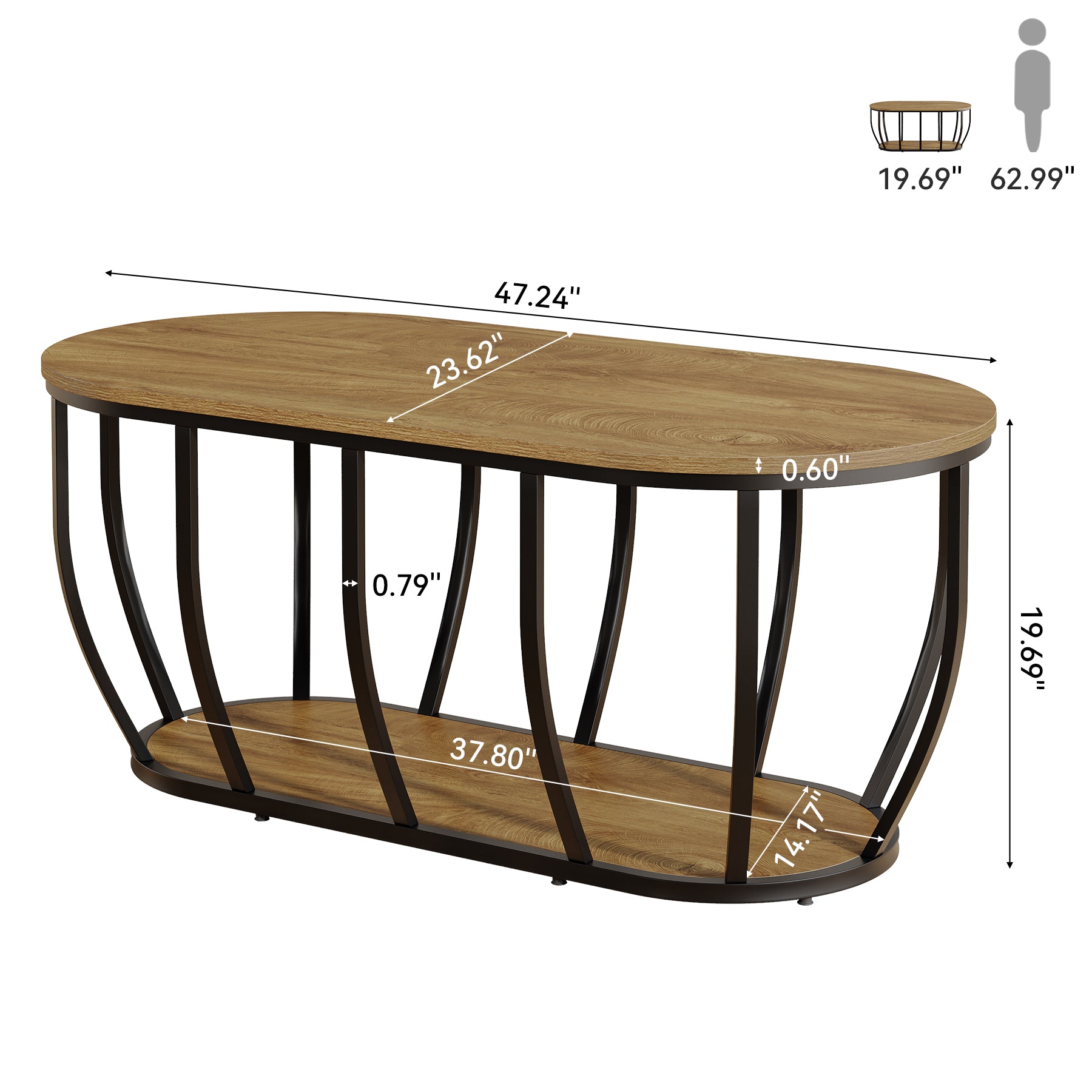 Oval Coffee Table, 47.2" Modern Center Cocktail Table with 2-Tier Storage