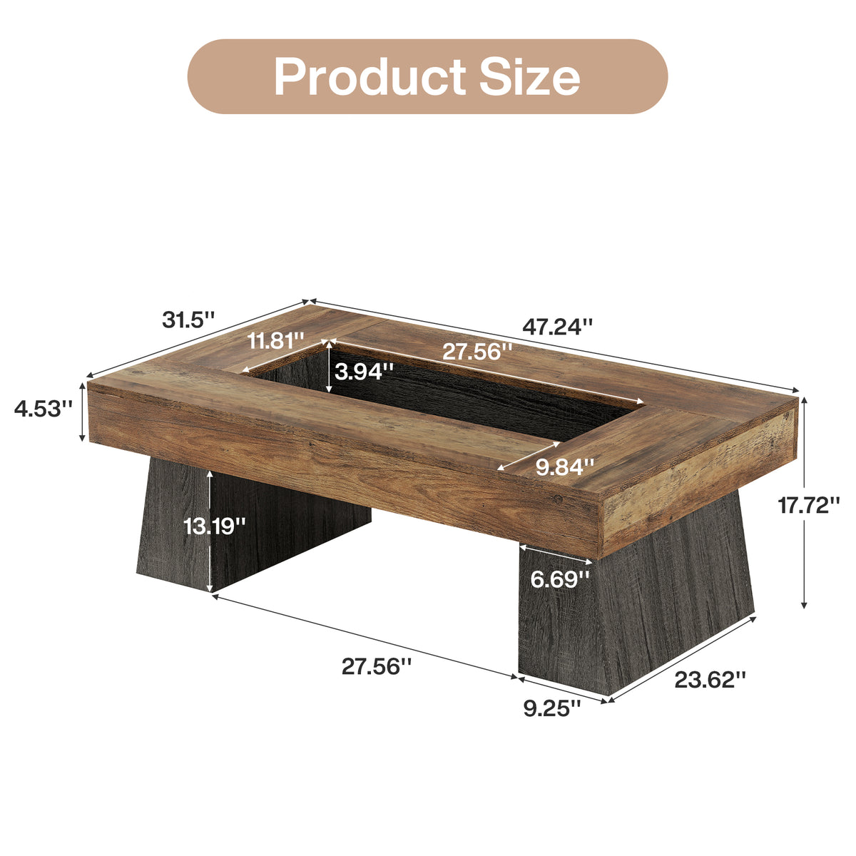 47.24 Inch Coffee Table with Recessed Storage Center, Rustic Modern Living Room Center Table