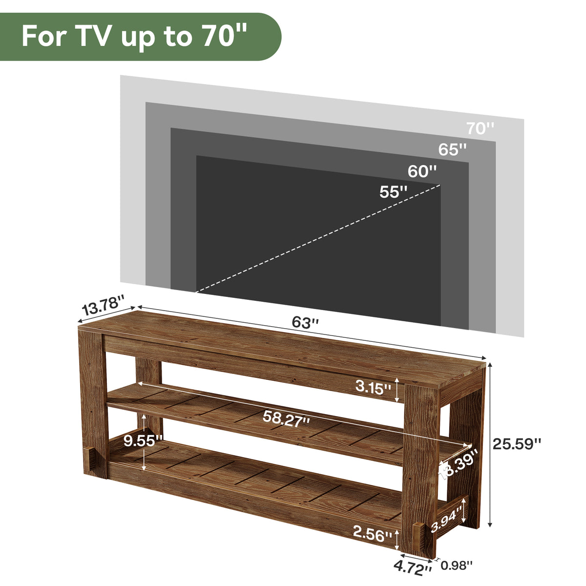63" Solid Wood TV Stand, 3-Tier Media Entertainment Center for Living Room