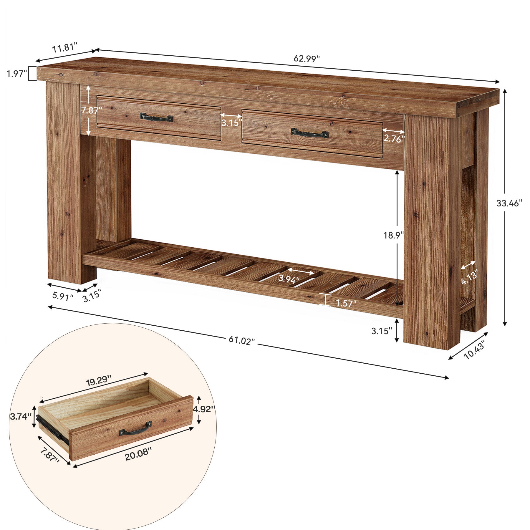 63" Solid Wood Console Table, Entryway Sofa Table with 2 Drawers and Open Slatted Shelf