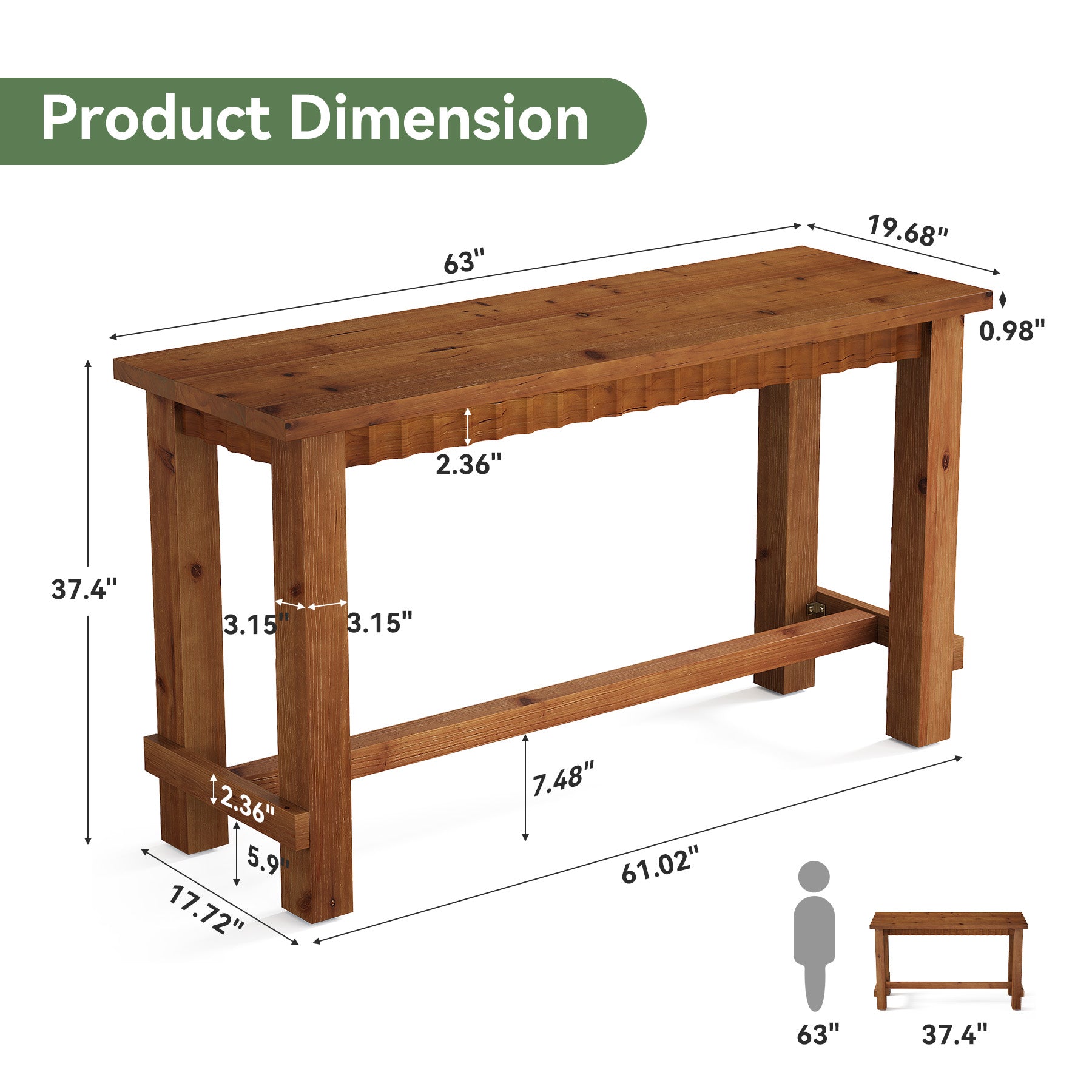 63" Solid Wood Bar Table, Rectangular Counter Height Pub Table with Footrest