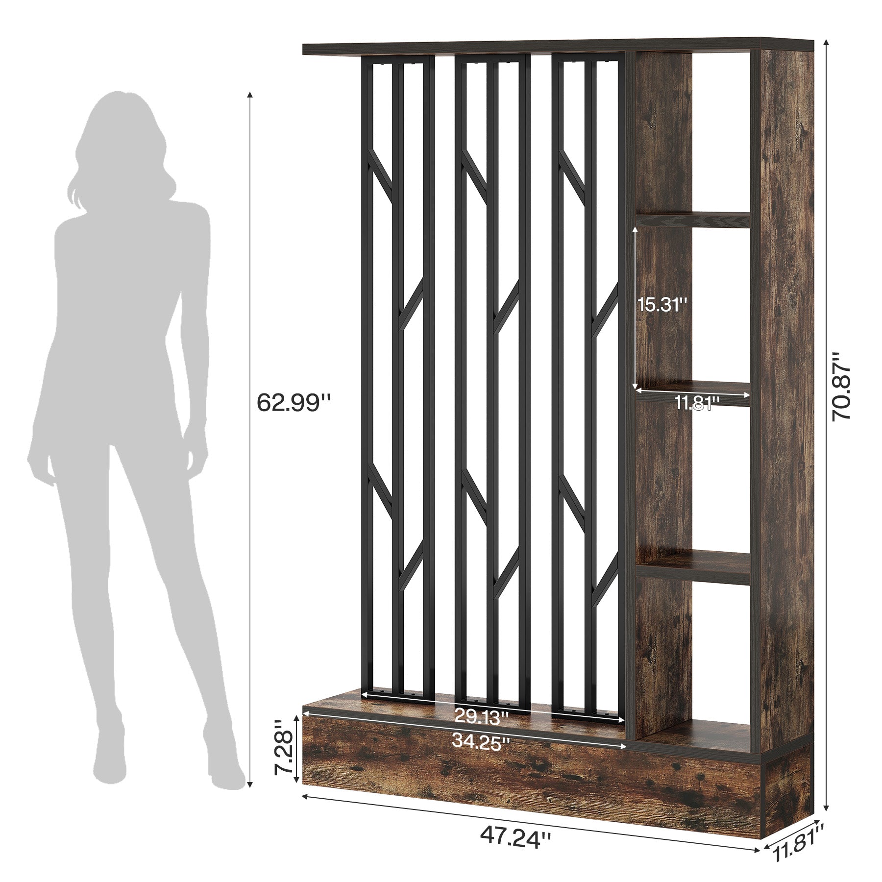71" Room Divider with Storage Shelves, Freestanding 4-Shelf Wall Partition, Living Room