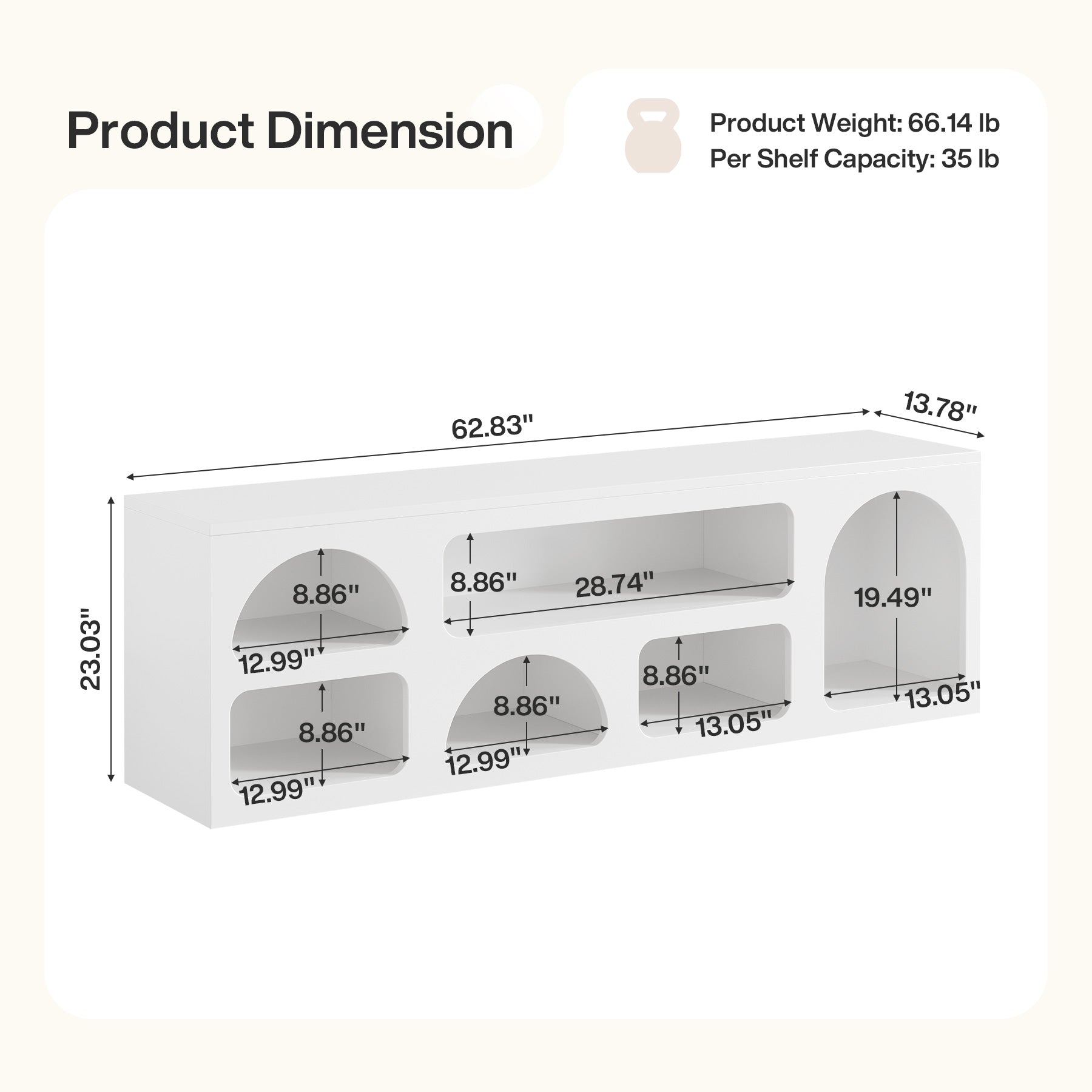 63" TV Stand for 60 to 70 Inch TVs, Modern White Media Console with 6 Open Shelves