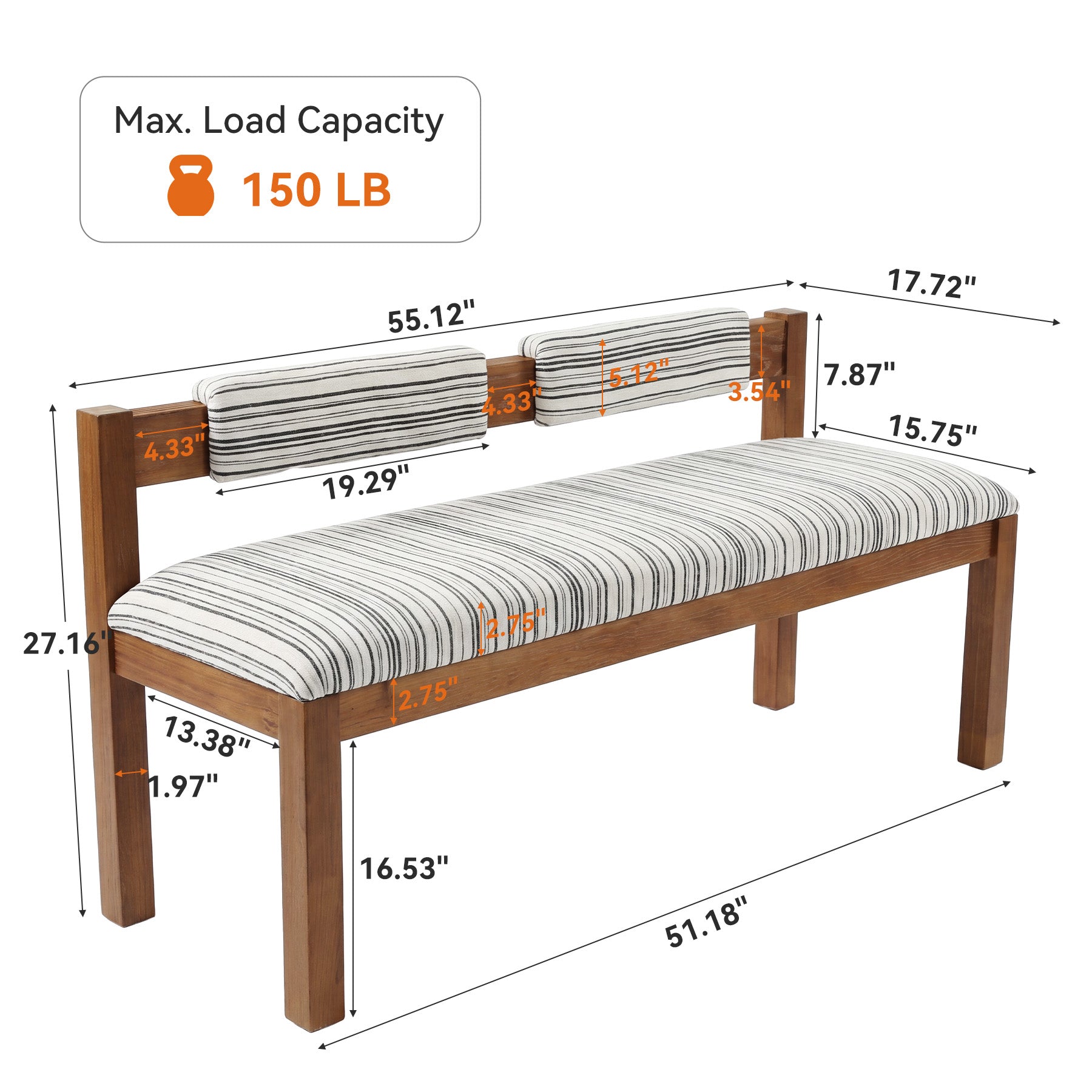Wood Dining Bench, 55" Upholstered Kitchen Bench with Backrest & Chenille Cushion