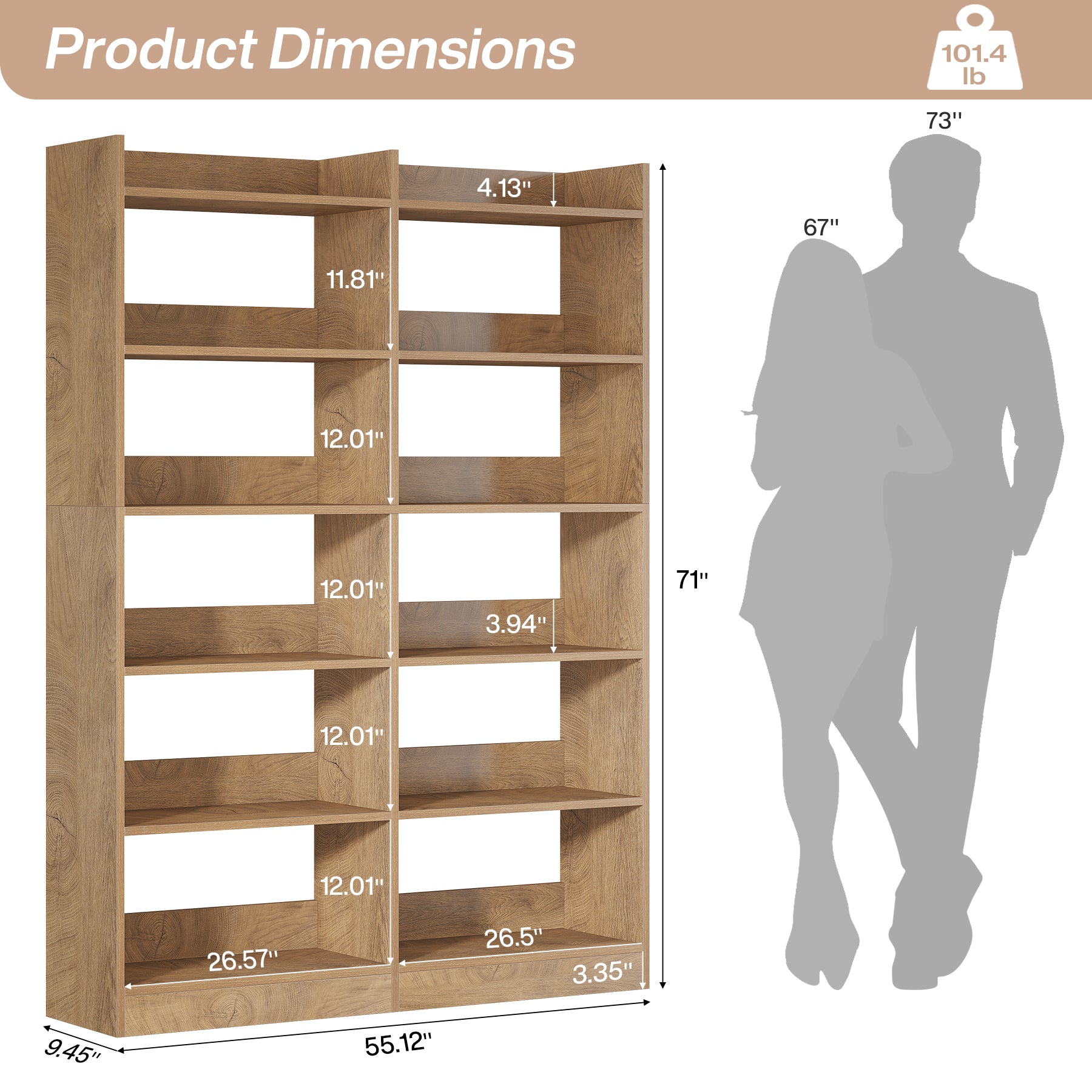6-Tier Double Wide Bookshelf, 71" Bookcase Display Rack with Open Shelves