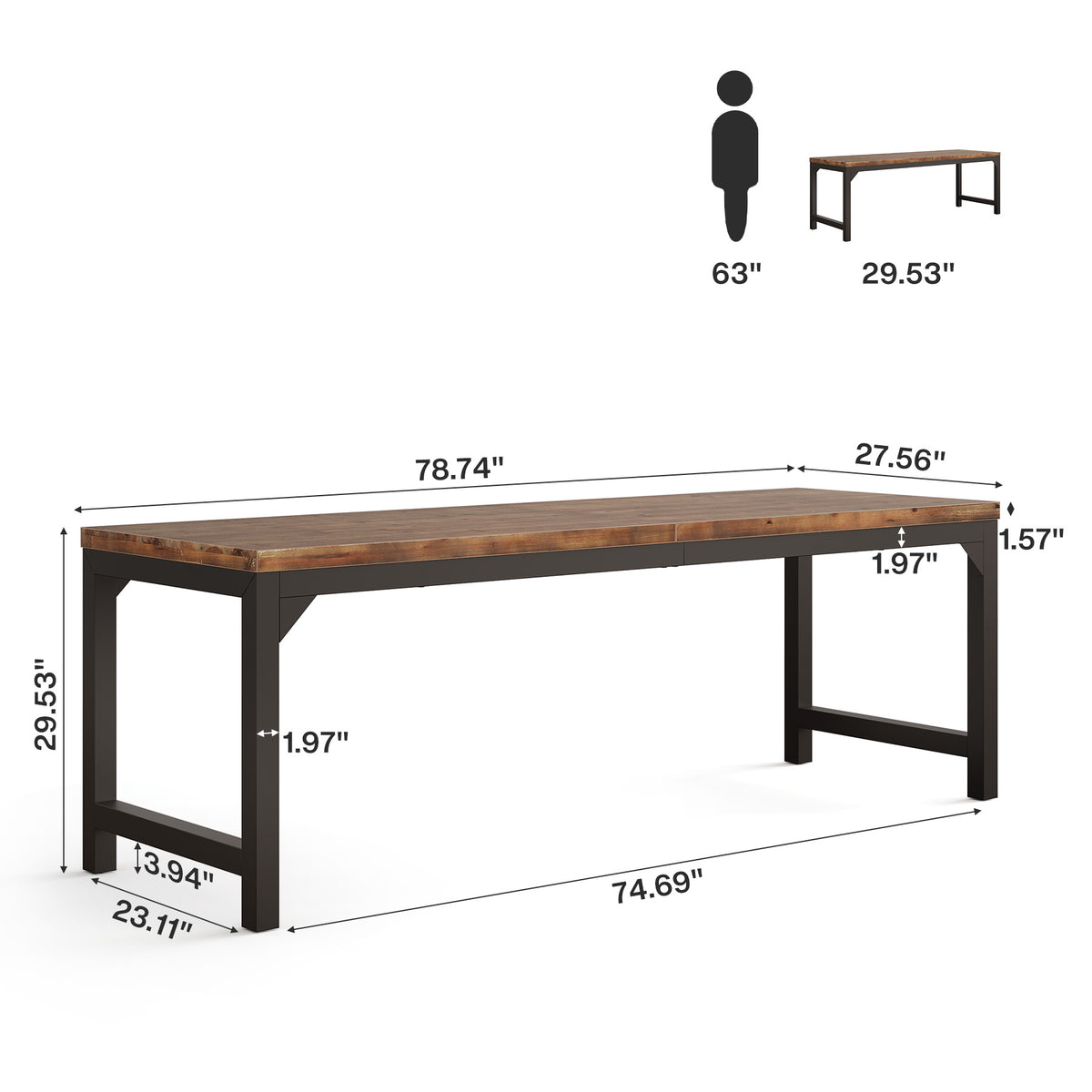 Solid Wood 2-Person Desk, 78.74" Computer Desk with Metal Frame for  Home Office