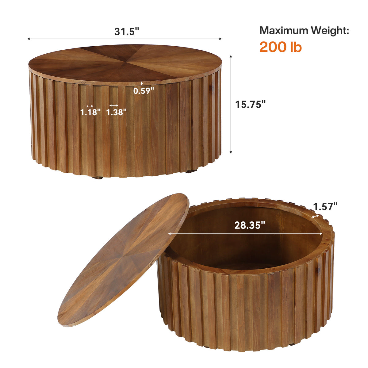 Solid Wood Round Coffee Table, 31.5" Fluted Drum Tea Table with Hidden Storage, No Assembly
