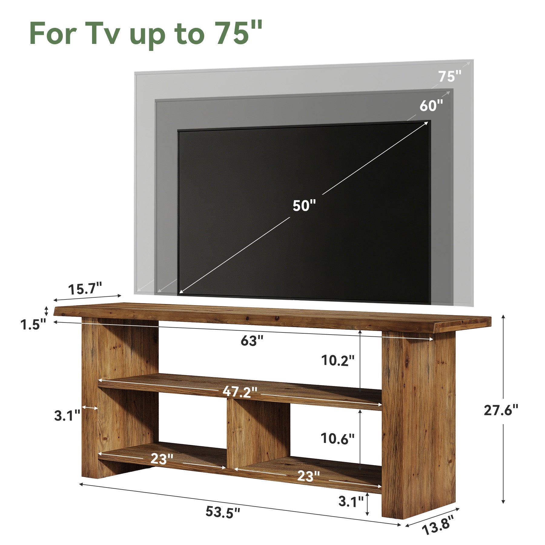 63" Solid Wood TV Stand for Up to 75 Inch TVs, Farmhouse Media Console with Open Storage Shelves