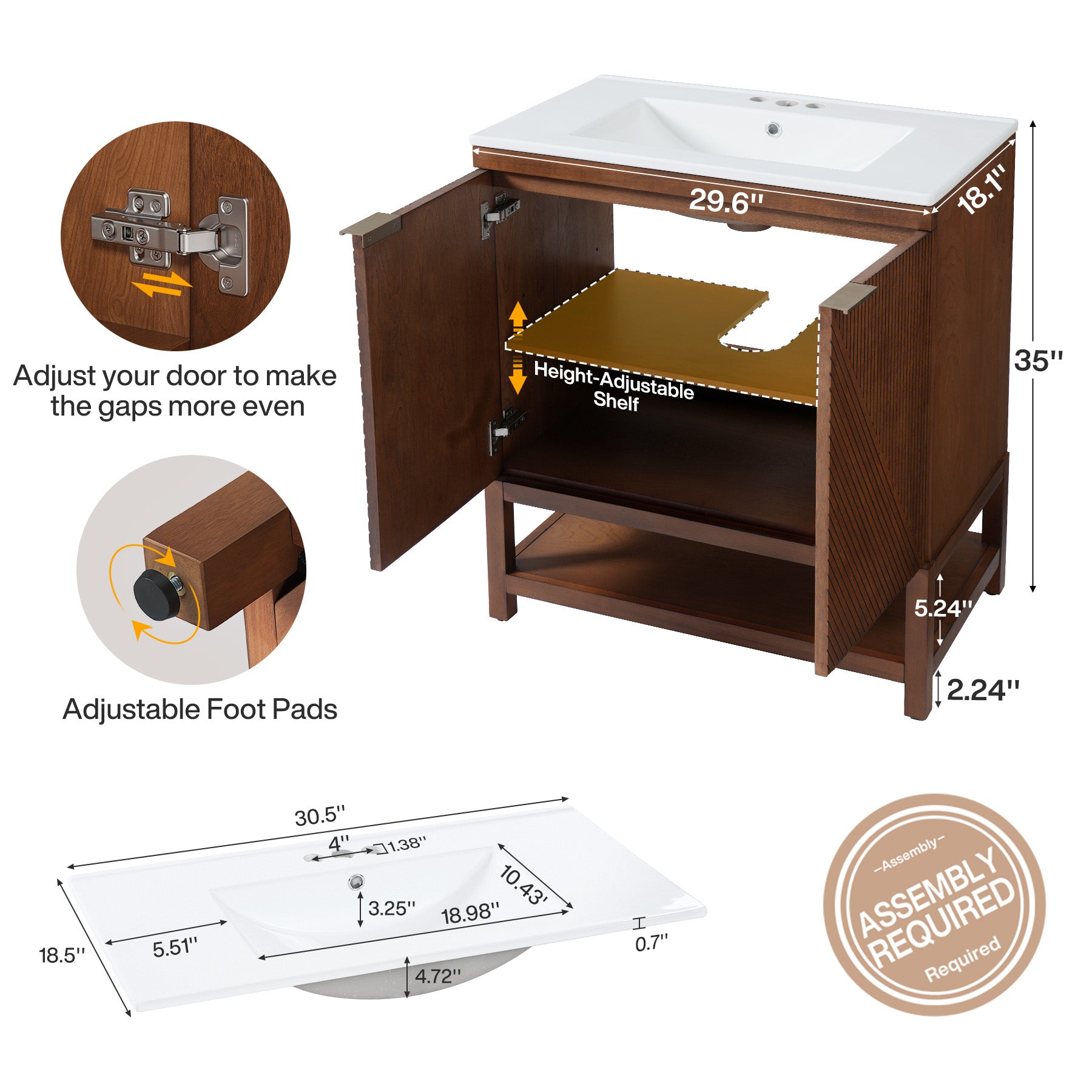 30" Bathroom Vanity with Sink, Farmhouse Bath Storage Cabinet with Solid Wood Frame