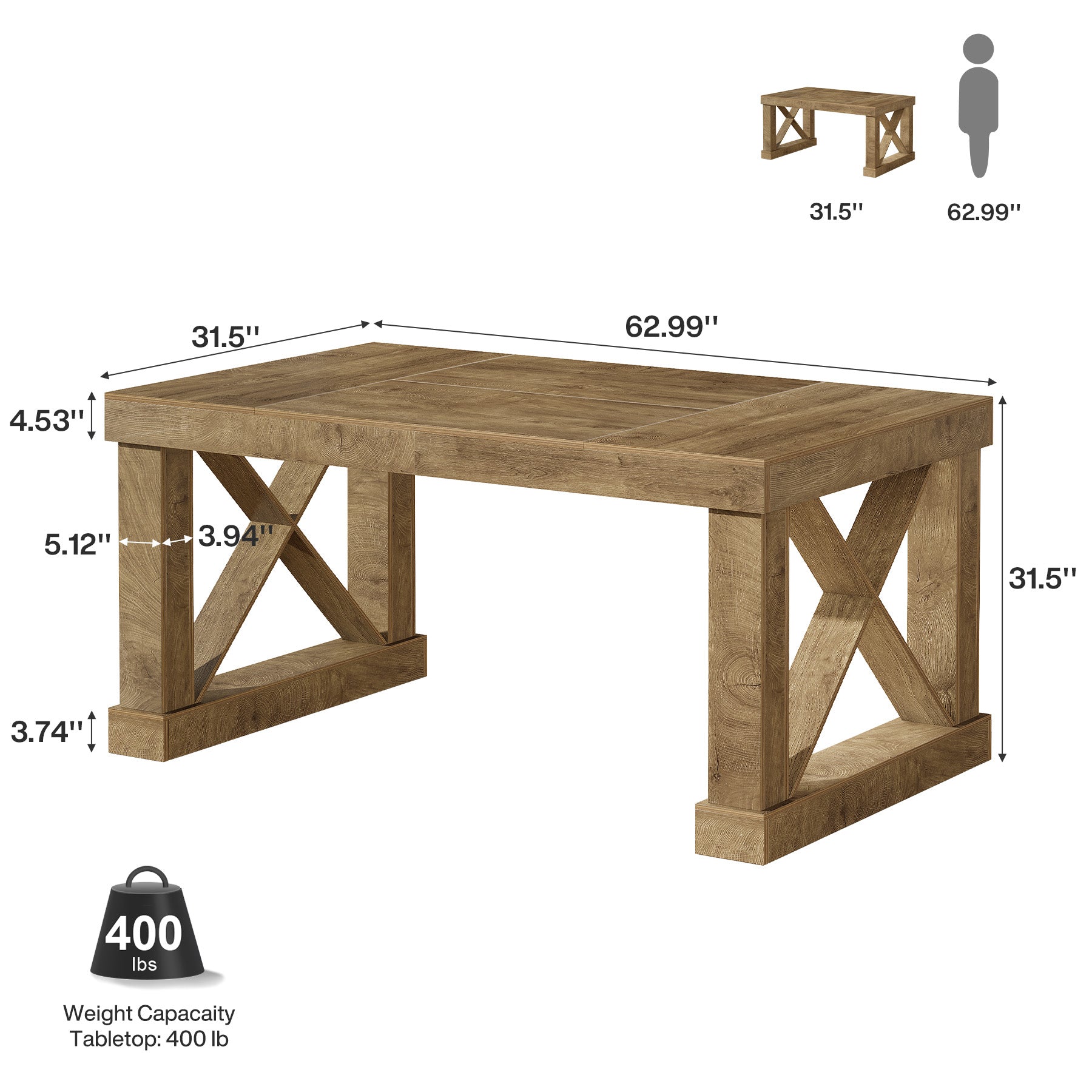 63" Farmhouse Dining Table for 4-6 People, Rectangular Wood Kitchen Table with Heavy-Duty X Legs