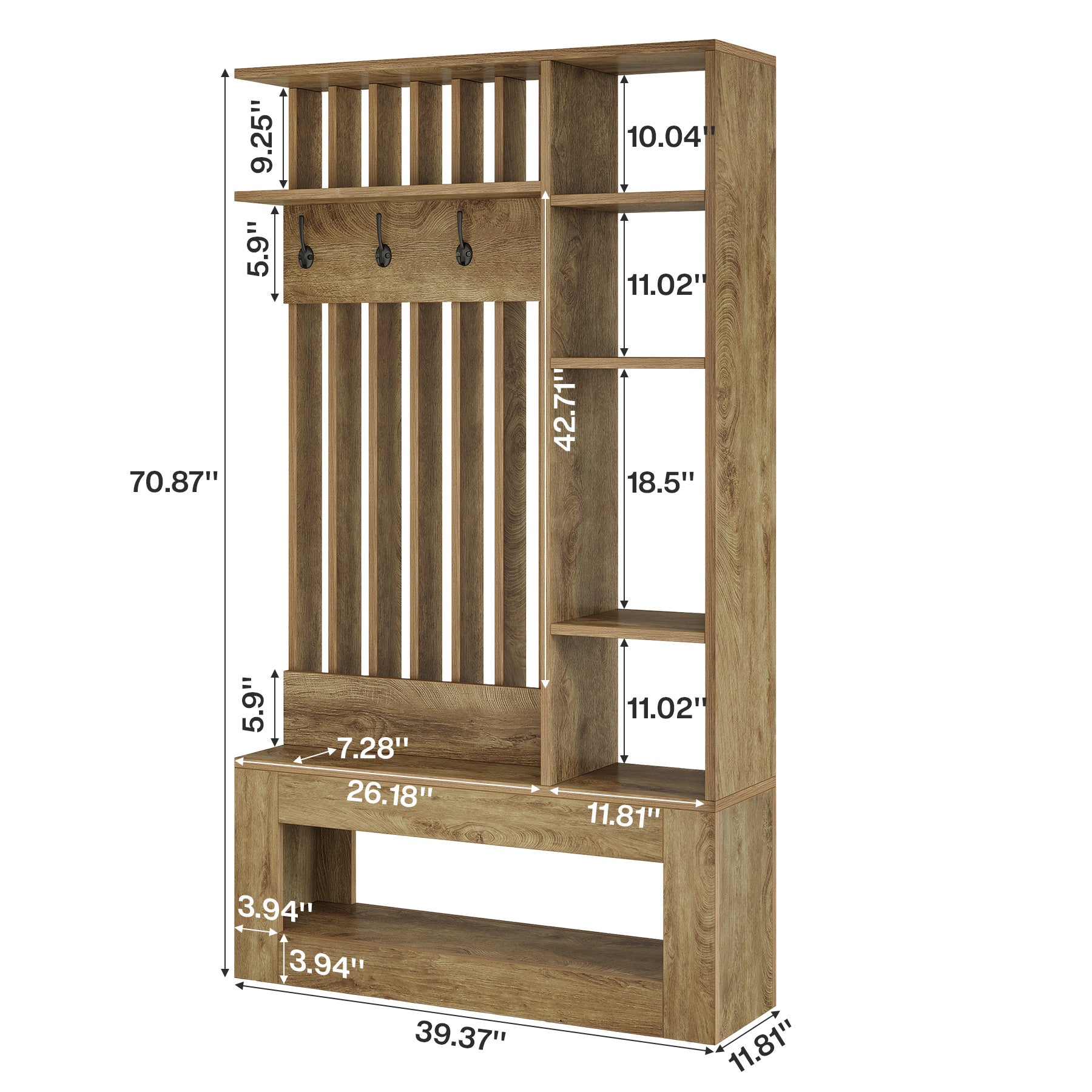 70.8" Tall Hall Tree, 5-in-1 Entryway Bench with Shoe Storage & 5 Storage Cubbies