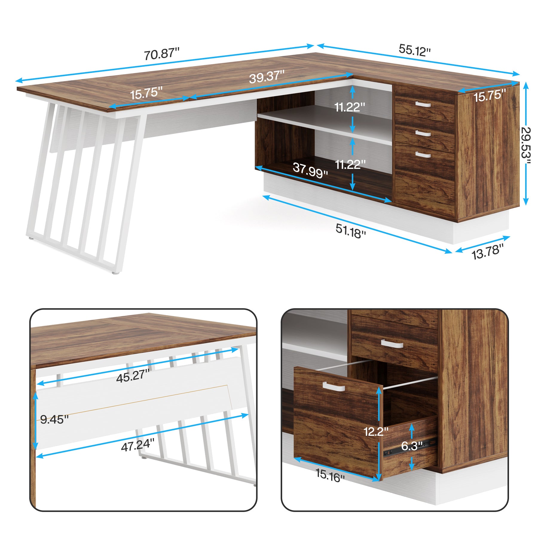 71" Executive Desk, Modern L-Shaped Computer Desk with Cabinet