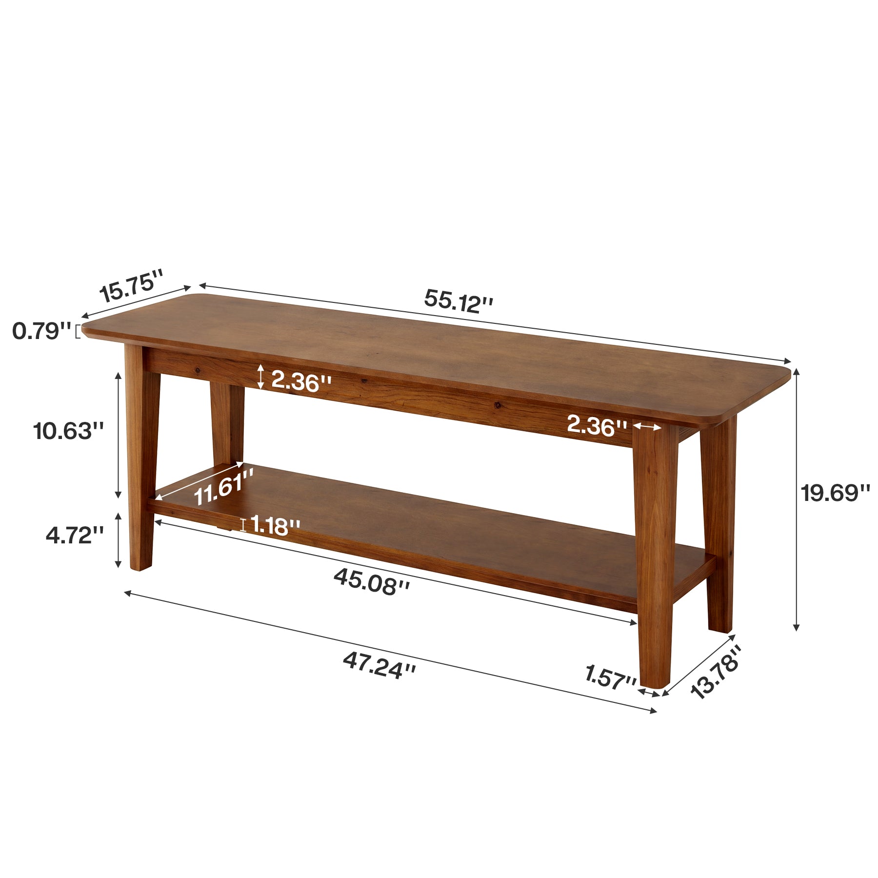 55" Solid Wood Dining Bench, Farmhouse Kitchen Bench with Lower Shelf