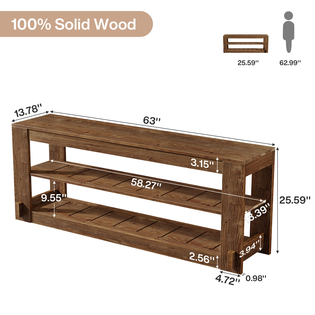 63" Solid Wood Console Table, Farmhouse Sofa Entryway Table with 3-Tier Storage Shelves