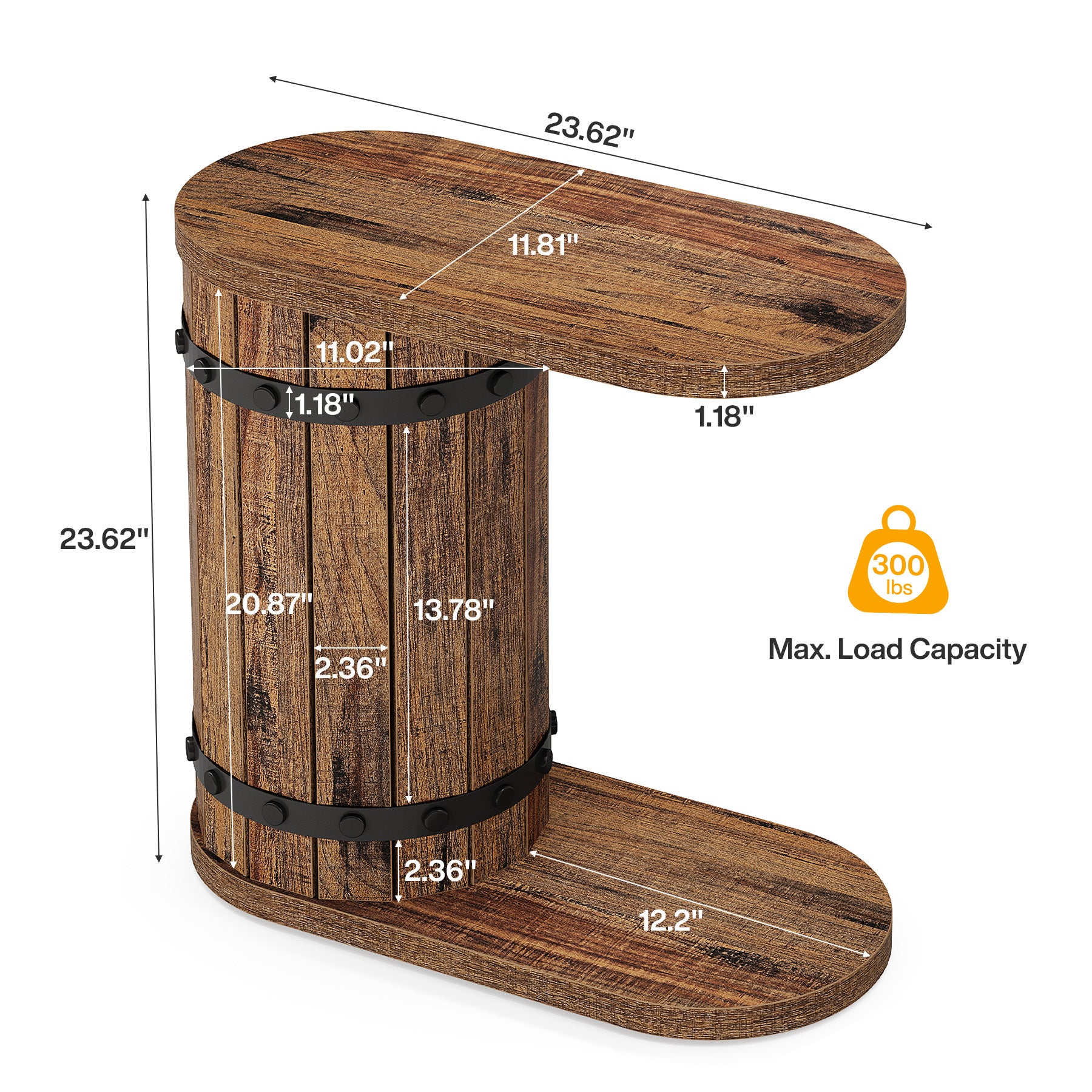 24" Barrel C-Shape Side Table, 2-Tier End Table, Narrow Nightstand for Couch, Living Room