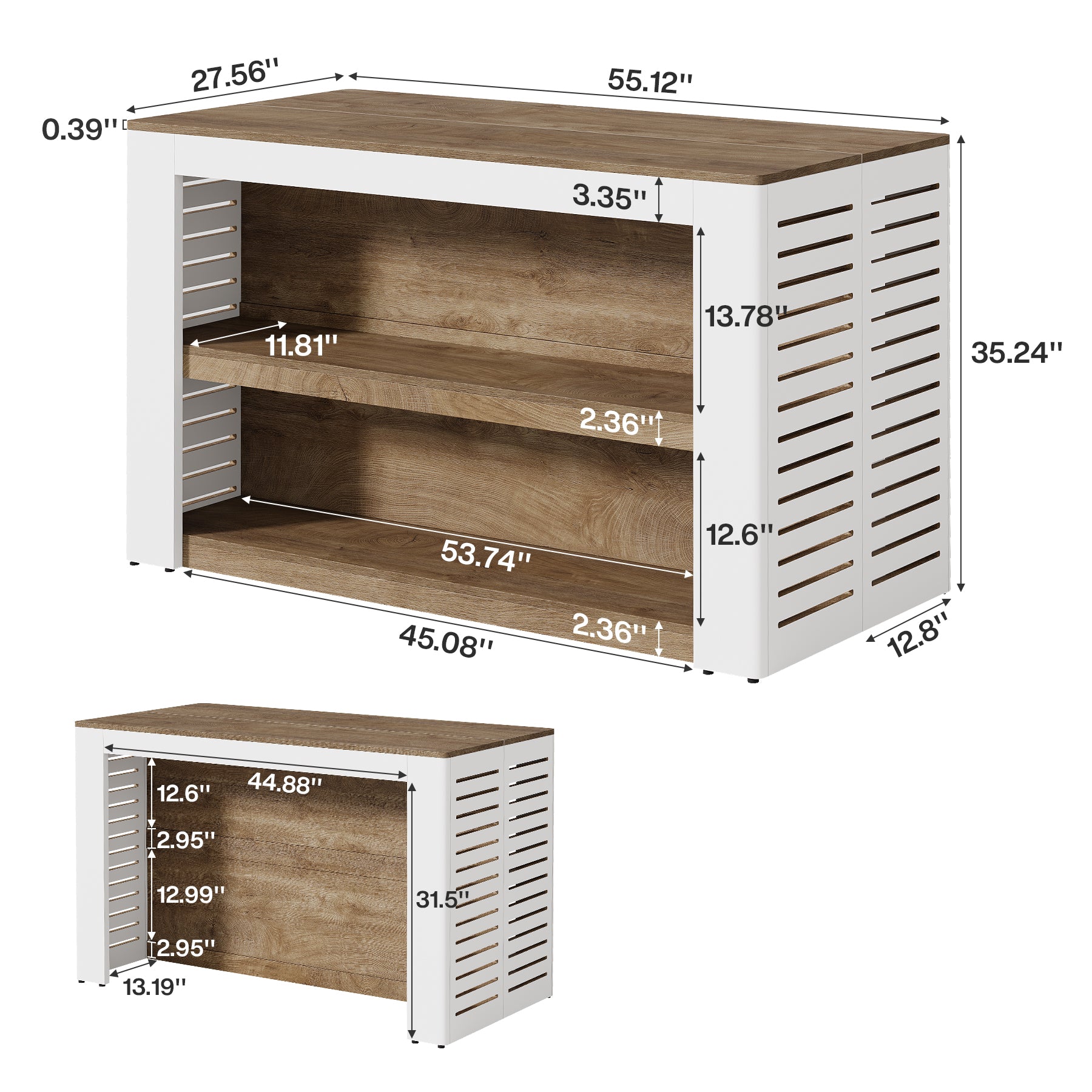 55" Farmhouse Kitchen Island, 3-Tier Wooden Stationary Island Table for Kitchen