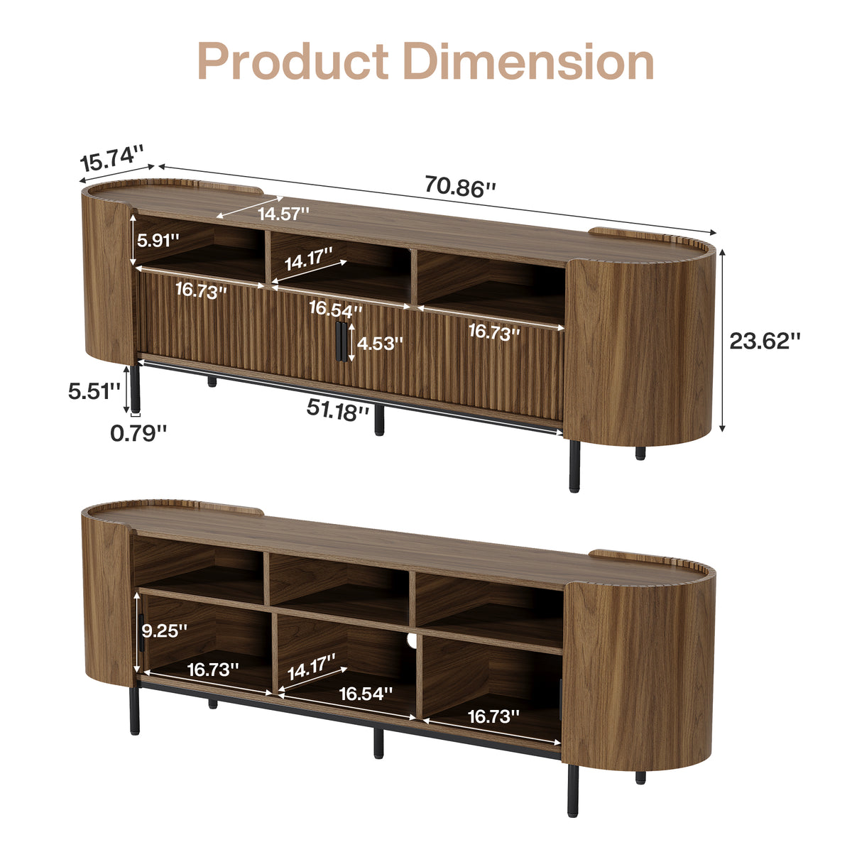 71 Inch TV Stand with Fluted Sliding Doors and Storage, Mid Century Media Console for Living Room