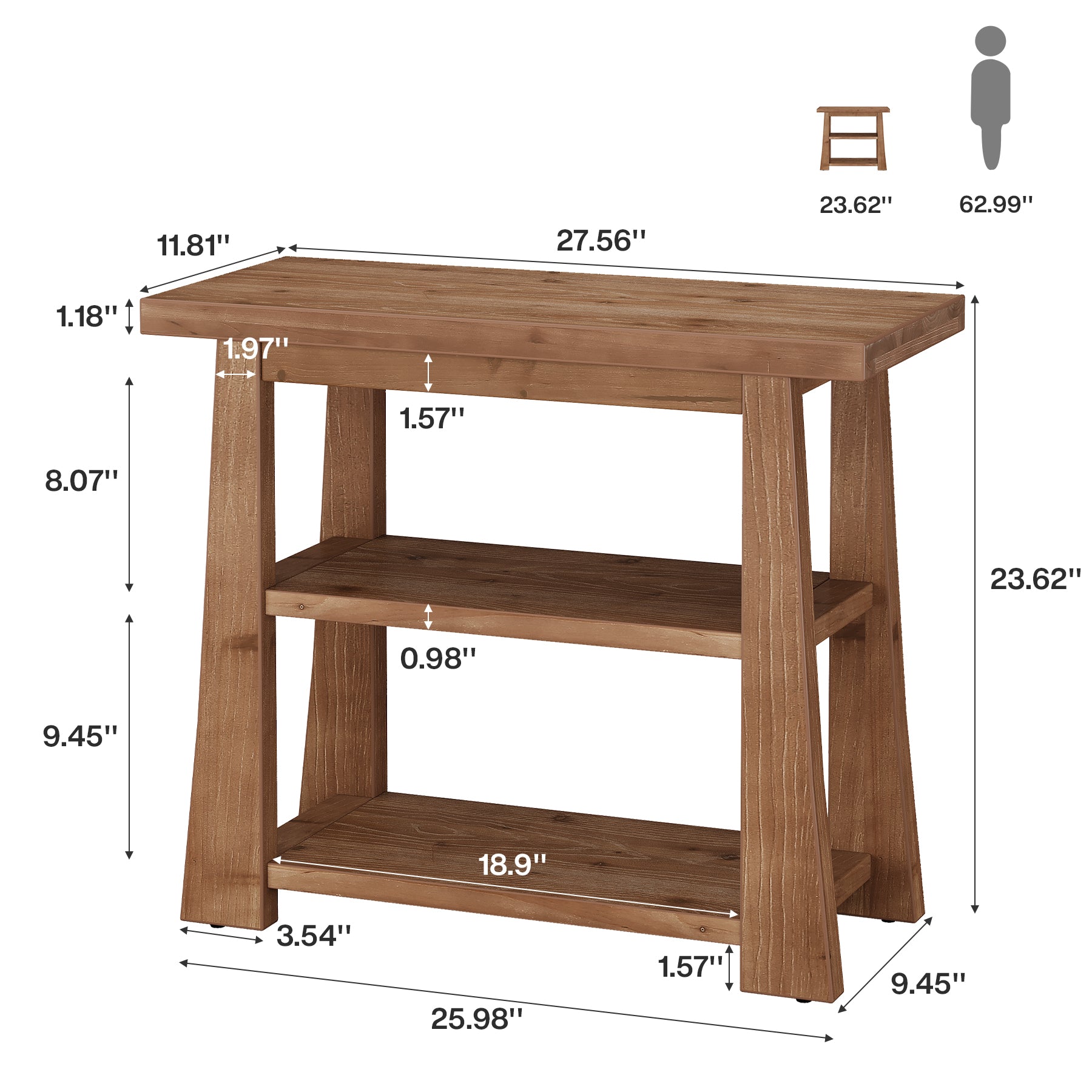 27.5" Wooden End Table, Narrow Nightstand with 3 Tier Storage Shelves for Living Room