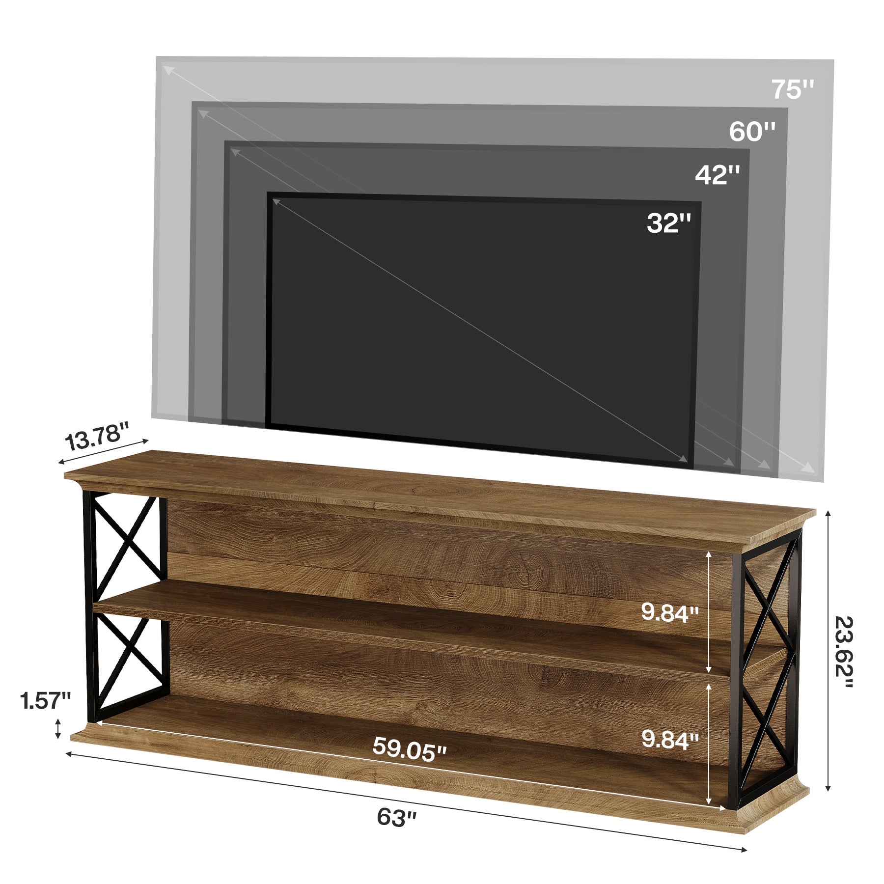 63" Industrial TV Stand for 55–75 Inch TVs, Wood & Metal Entertainment Center with 3-Tier Open Shelves
