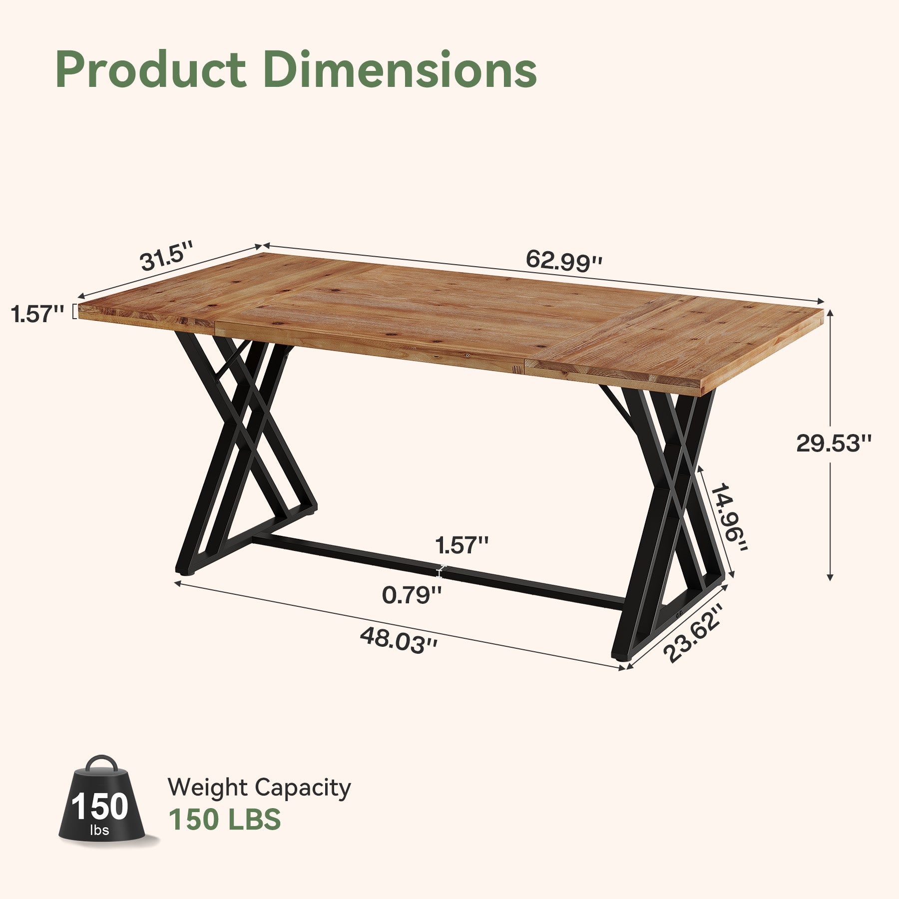 63" Solid Wood Computer Desk, Farmhouse Home Office Table with X-Shaped Metal Frame
