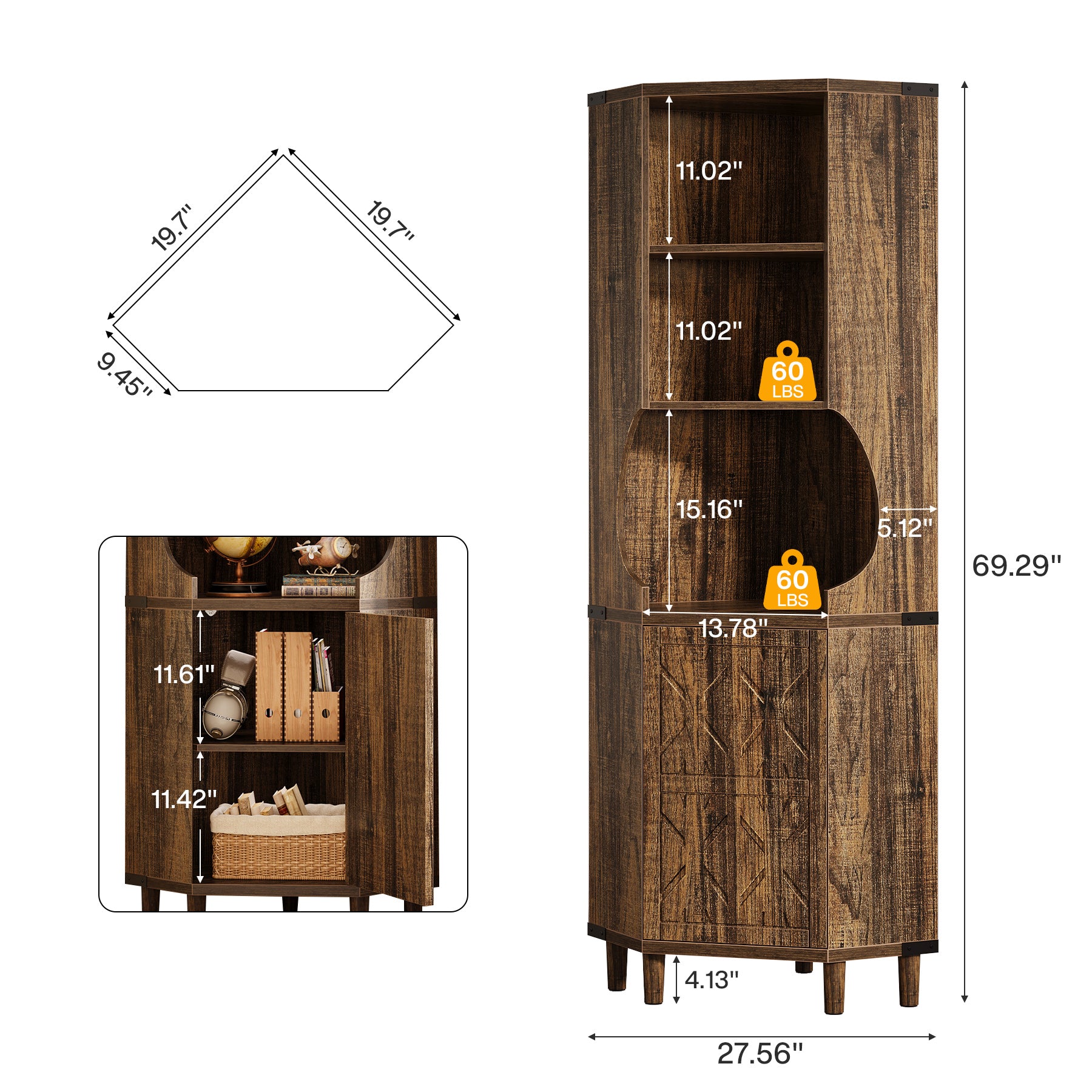 69.29" Corner Cabinet, Kitchen Pantry with Doors and Adjustable Shelves