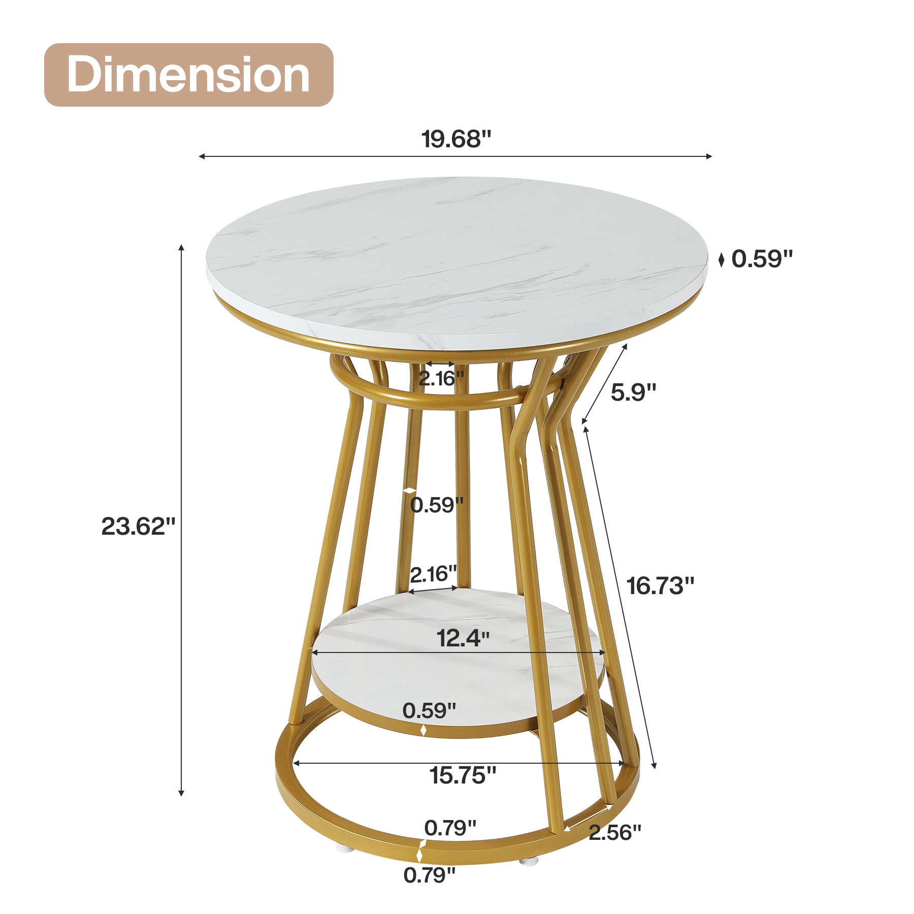 Round End Table, 2-Tier Accent Side Table with Faux Marble Veneer & Metal Frame
