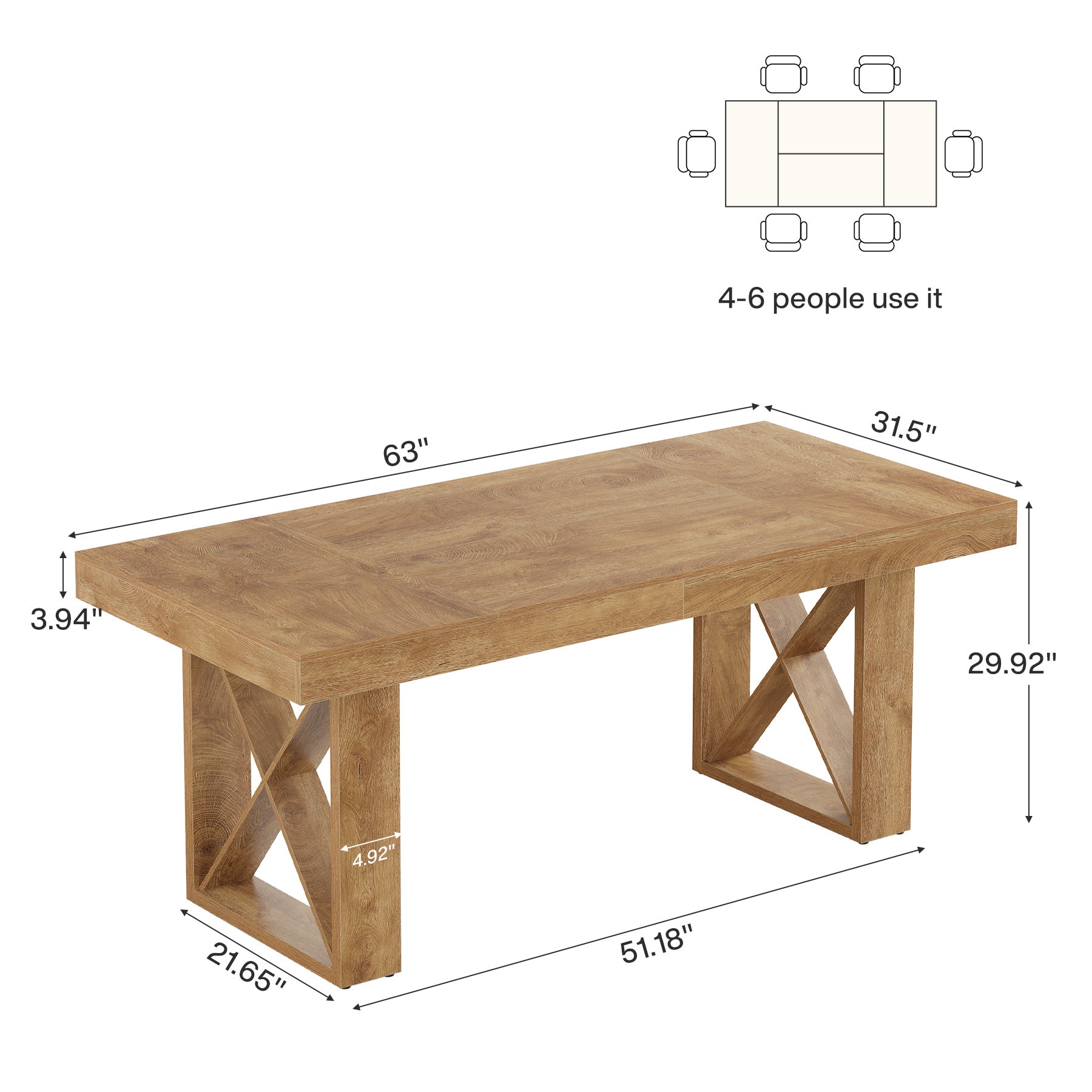Rectangle Dining Table, 63" Farmhouse Kitchen Table for 4-6 People