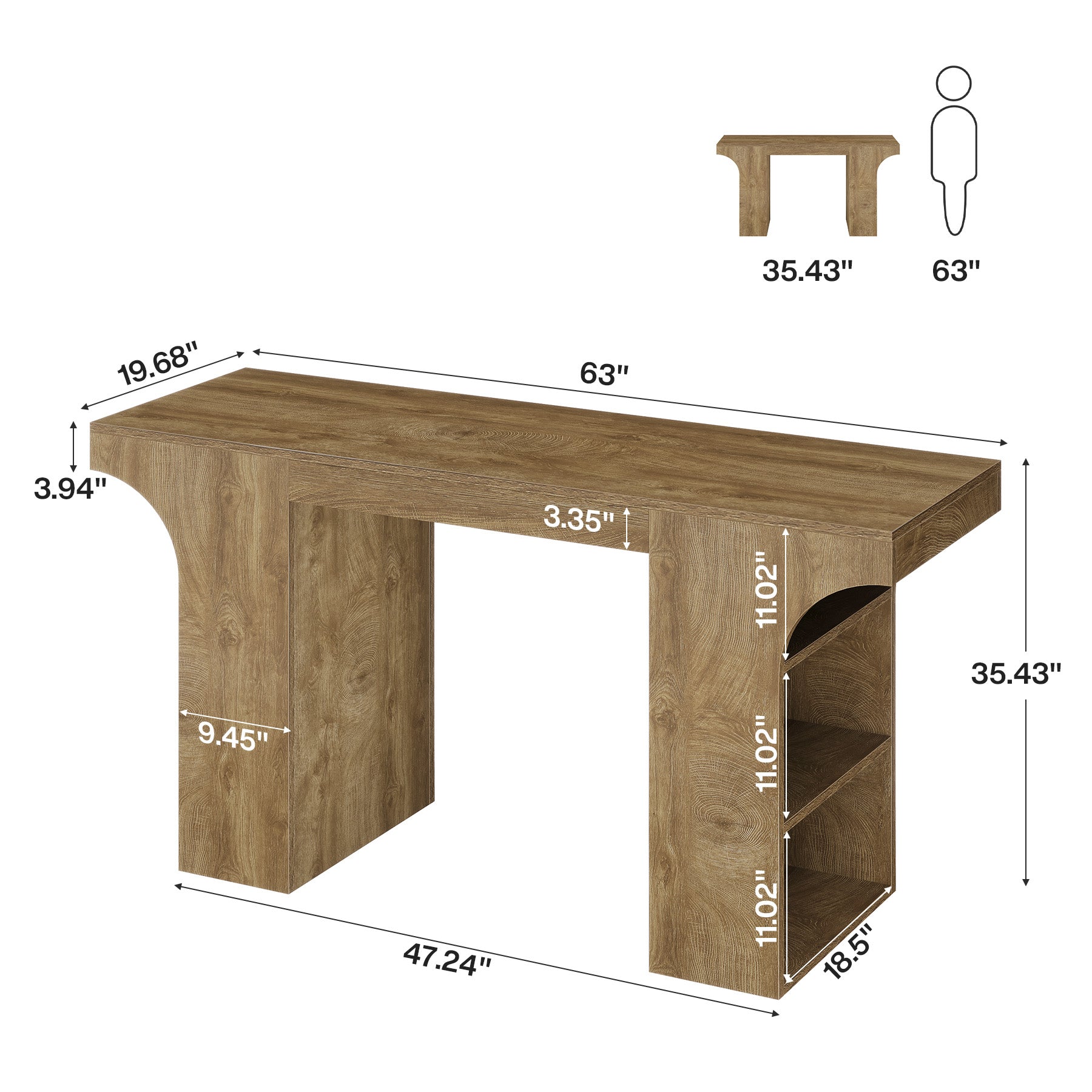 63" Bar Table, Rectangular Counter Height Pub Table with Storage Shelves
