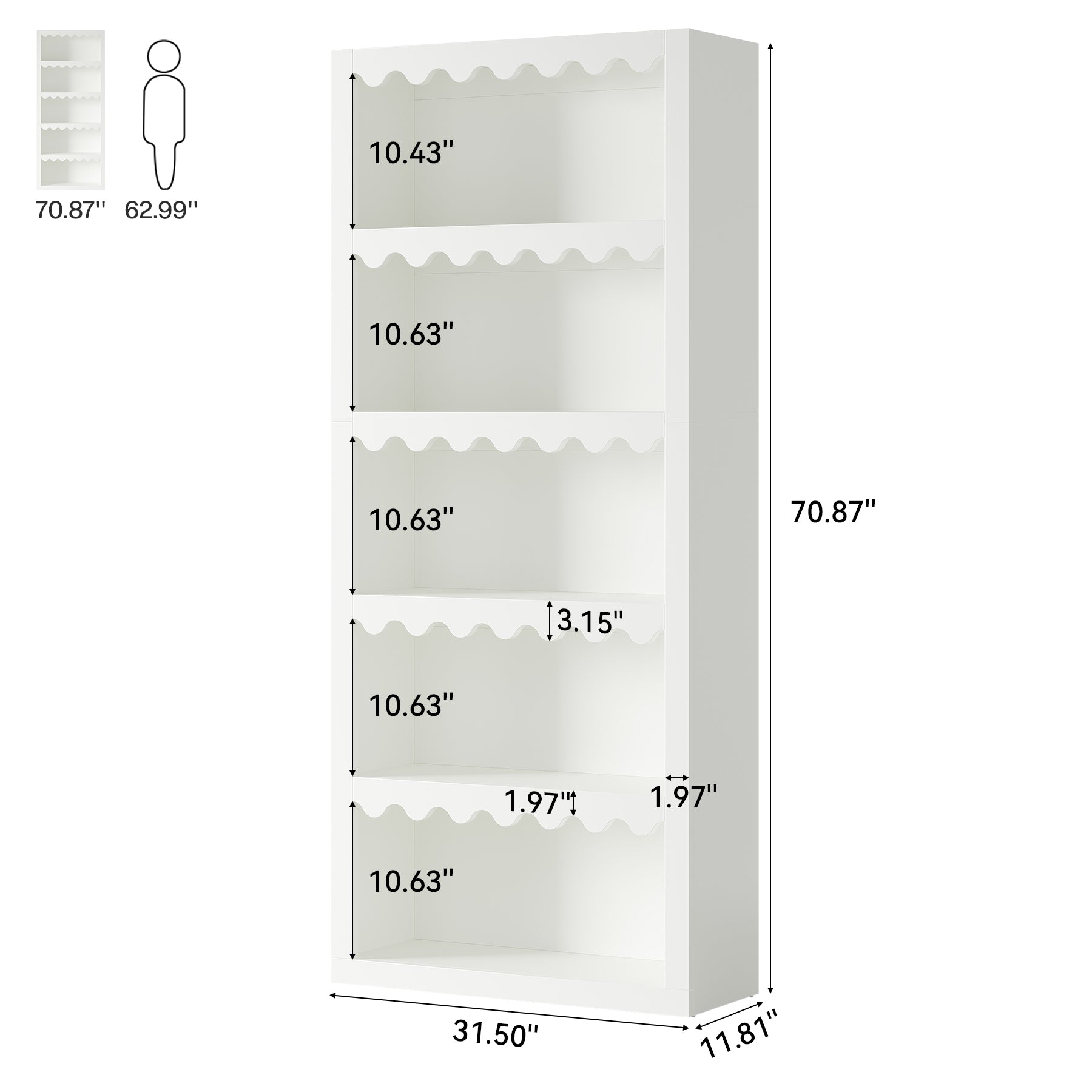 70" Bookcase, Modern 5-Tier Bookshelf Storage Organizer with Scalloped Edges