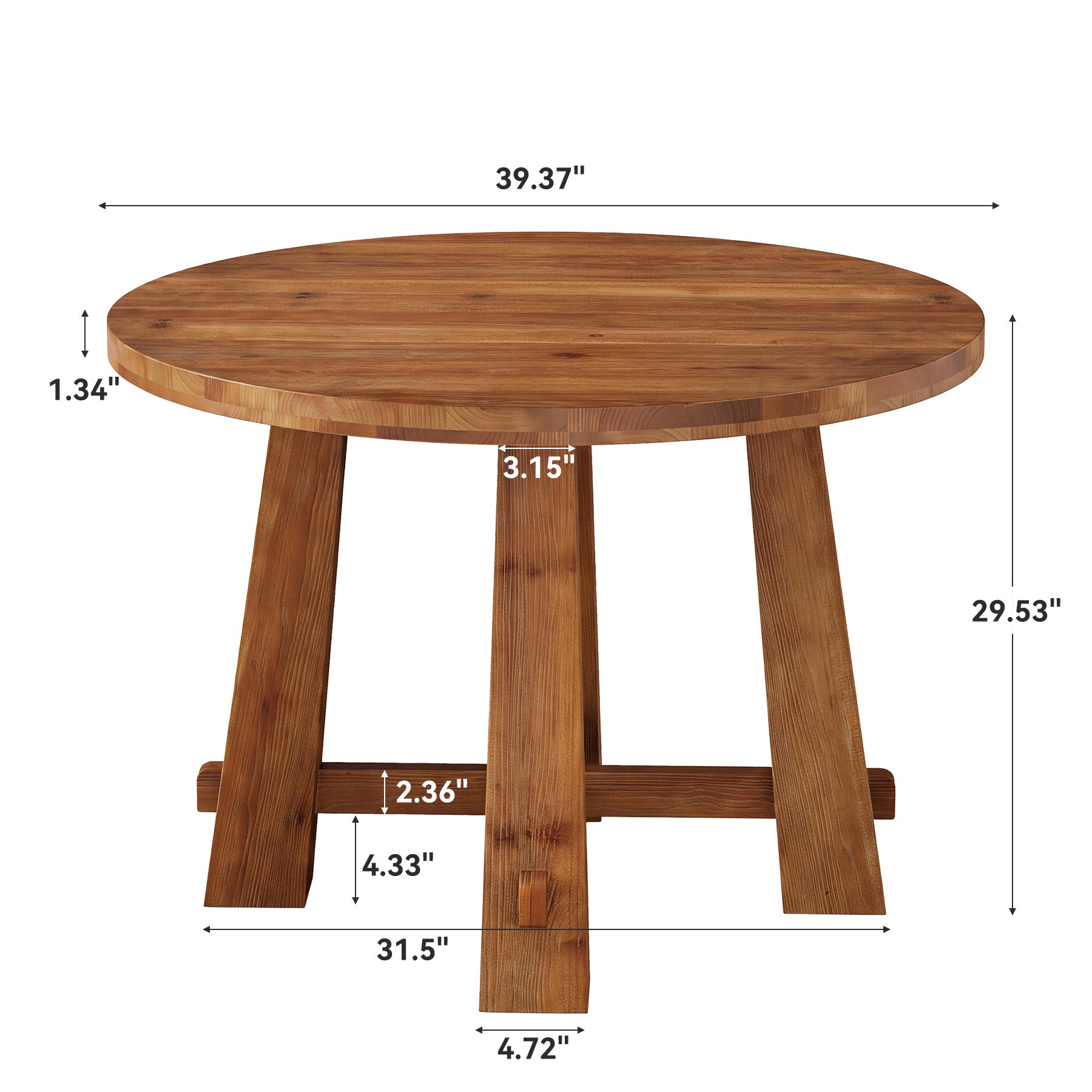 39.4" Solid Wood Round Dining Table, Farmhouse Kitchen Table for 2-4 People