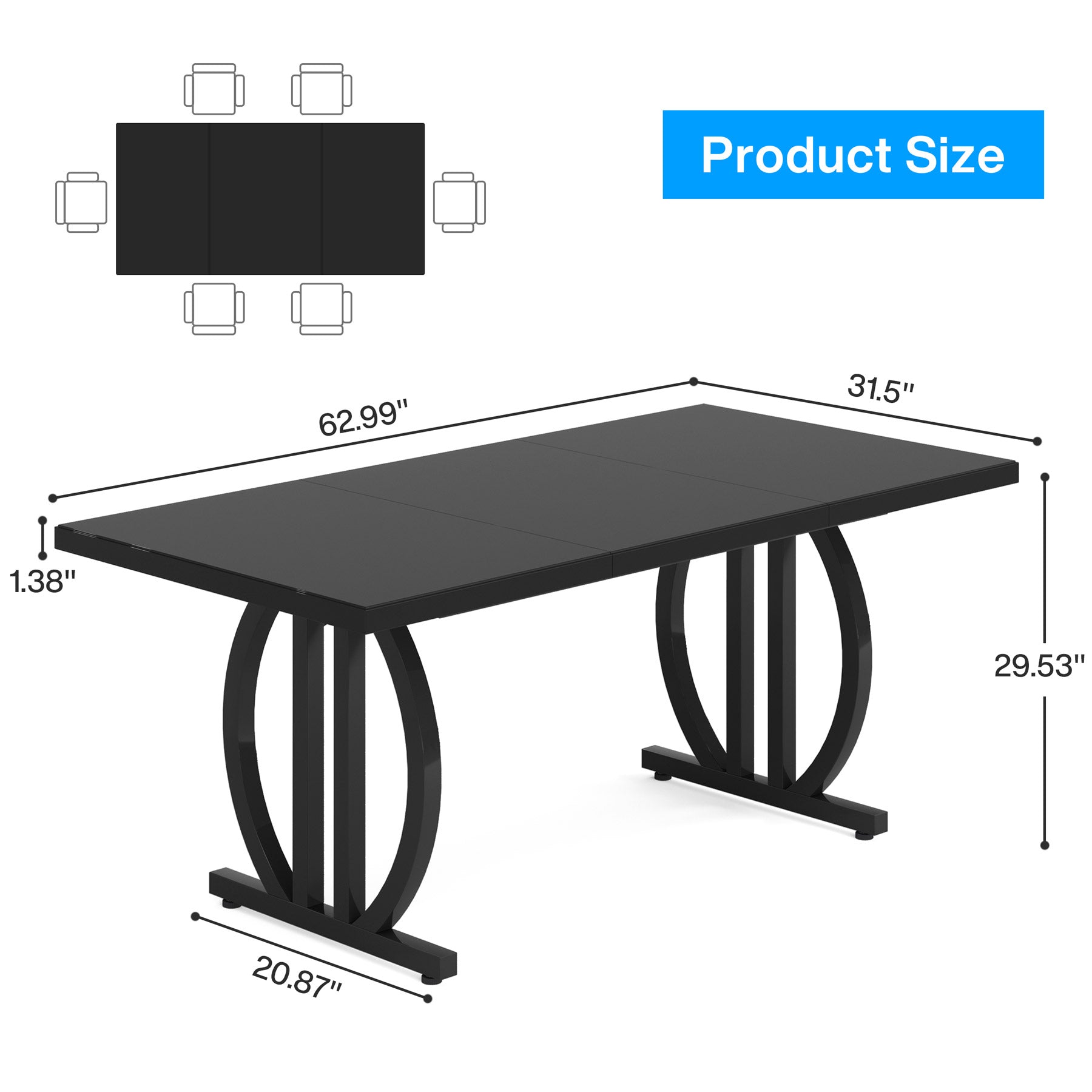 63" Dining Table for 4-6 People, Modern Kitchen Dinner Table with Metal Frame
