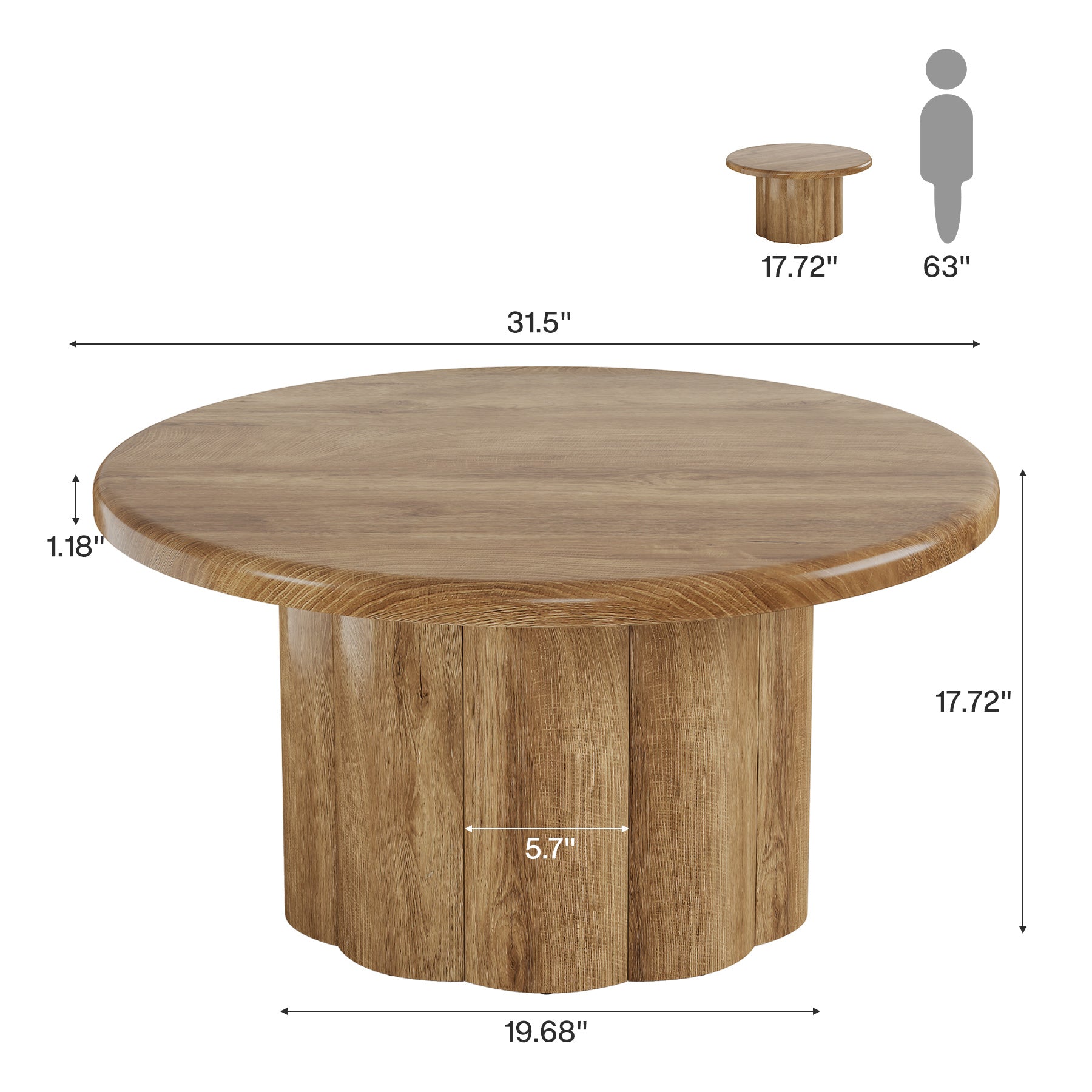 31.5" Round Coffee Table, Farmhouse Center Table with Fluted Drum Base