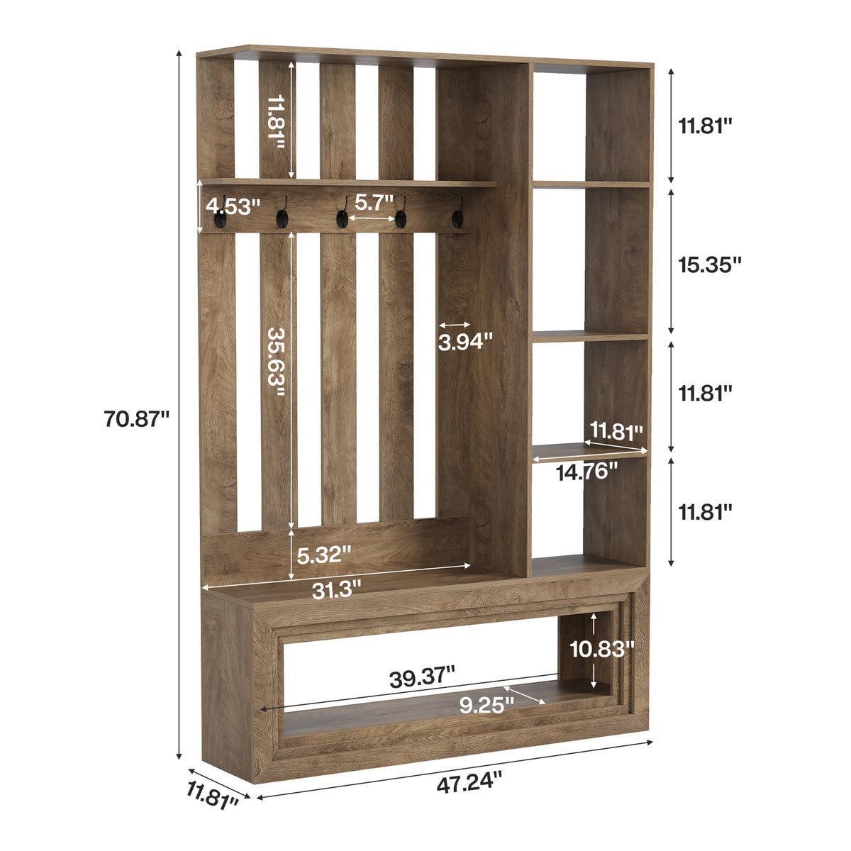 70.9" Room Divider, Farmhouse Wall Partition with Storage Shelves, 5 Hooks & Shoe Bench