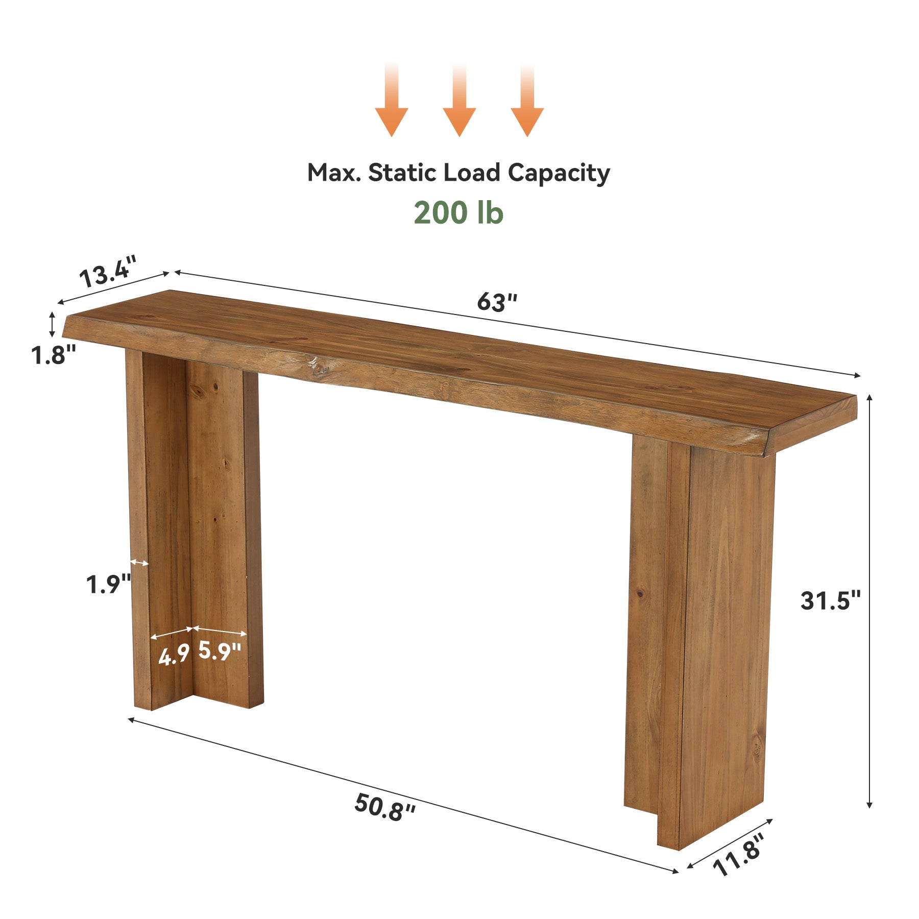 63" Solid Wood Console Table, Narrow Farmhouse Sofa Table for Entryway, Living Room