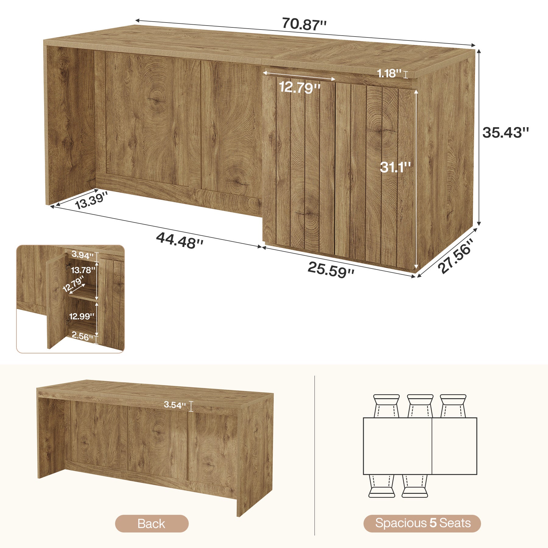 71" Counter Height Dining Table with Cabinet, Farmhouse Bar Table, Double Door Storage, Seats 6-8