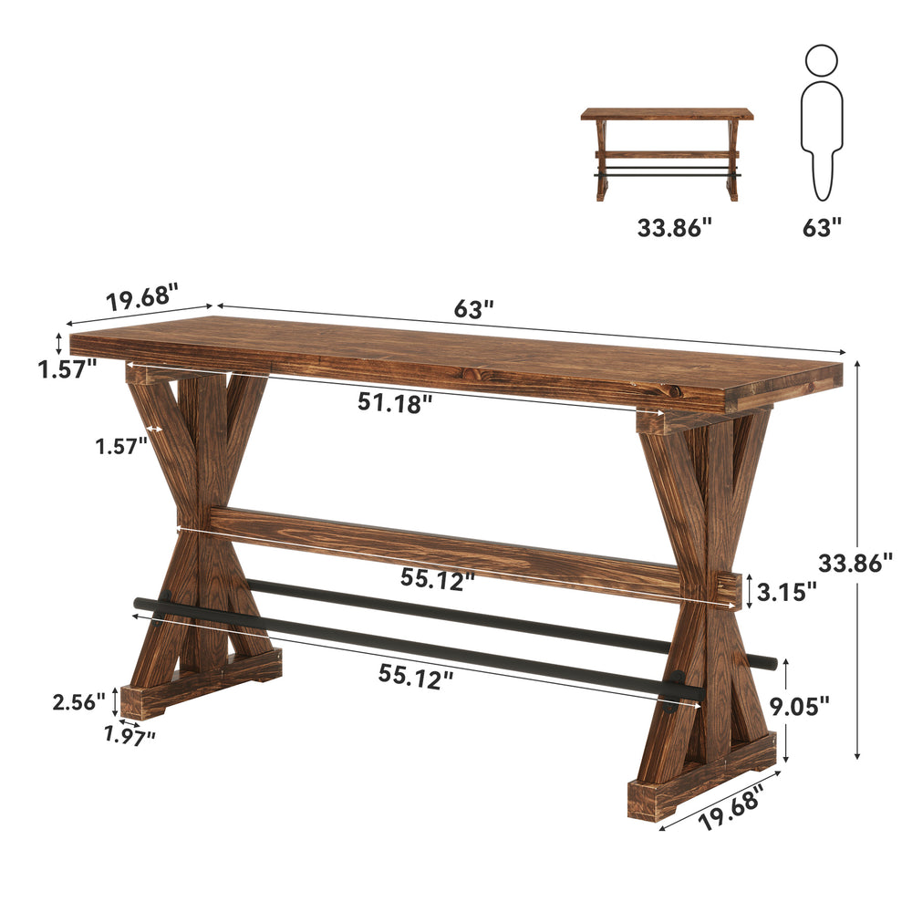 Solid Wood Bar Table, Rectangular Counter Height Pub Table With X-Base ...