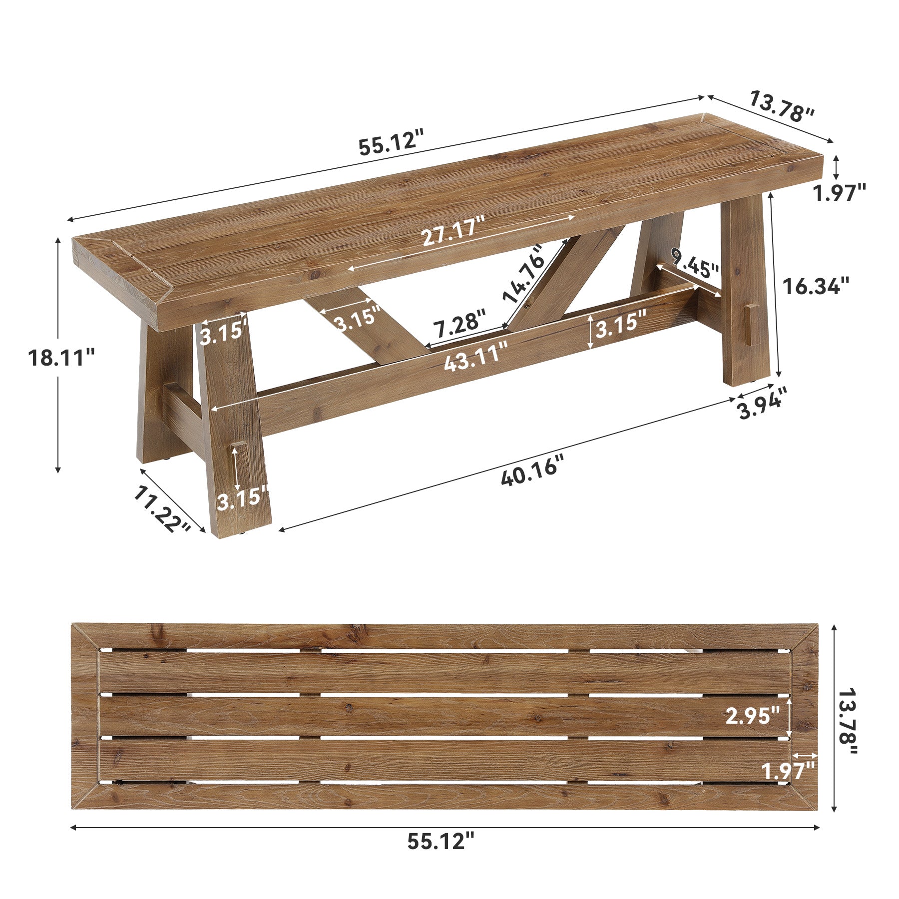 55" Solid Wood Dining Bench, Farmhouse Wooden Kitchen Bench for Dining Room
