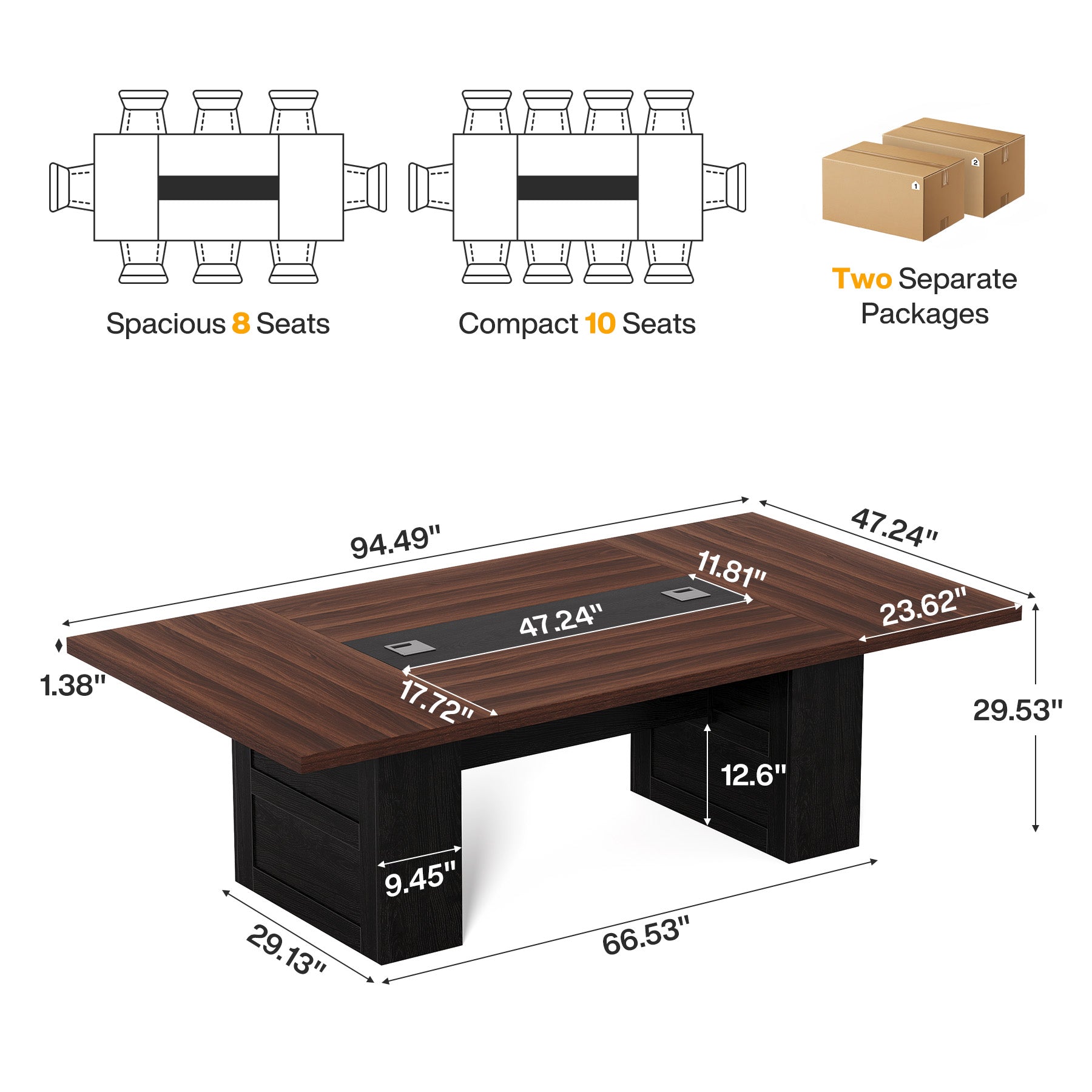 8 FT Conference Table for 8-10 People, 94.5” Meeting Room Table with Cable Management